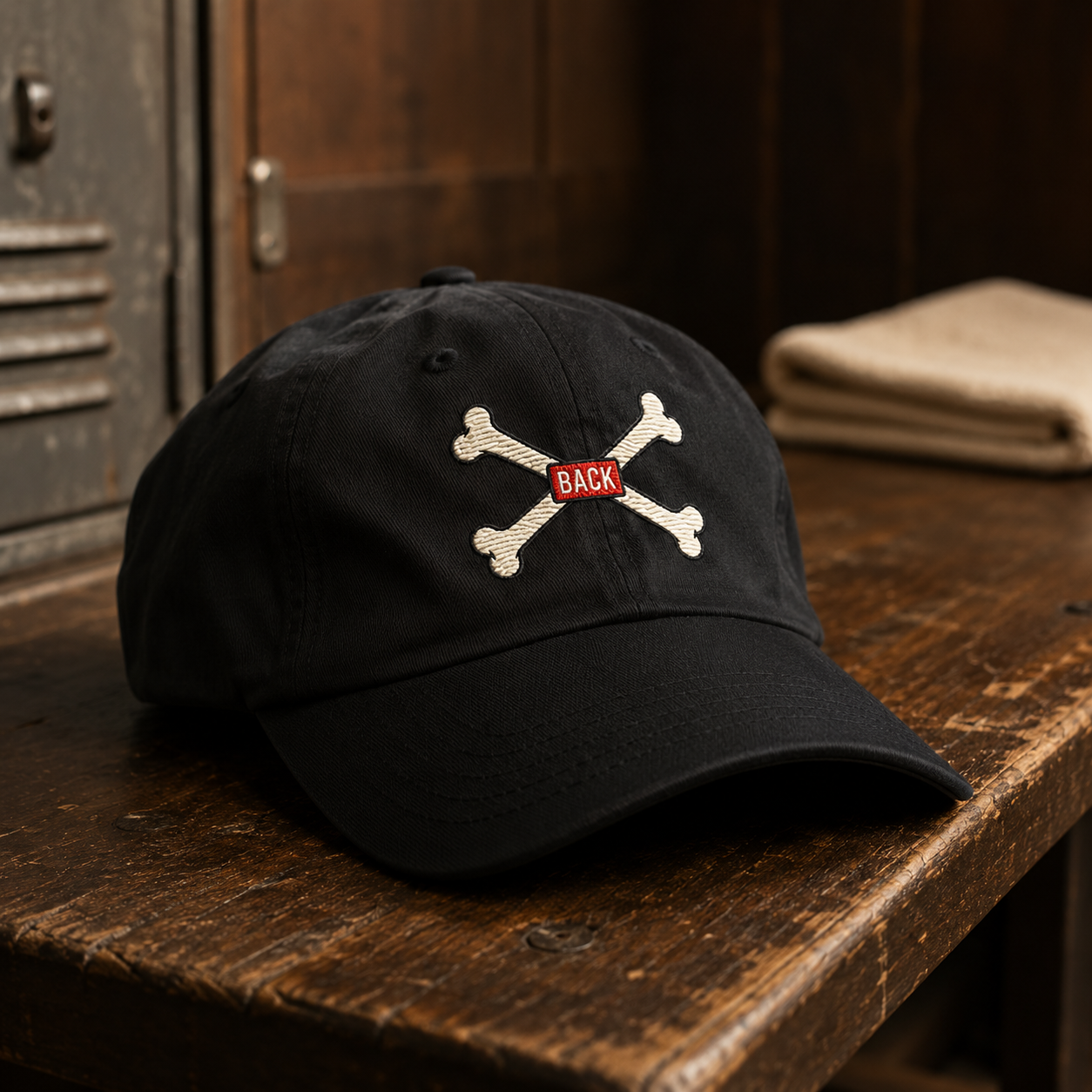 Black Bones Dad Hat lifestyle product photo with crossed-bones embroidery