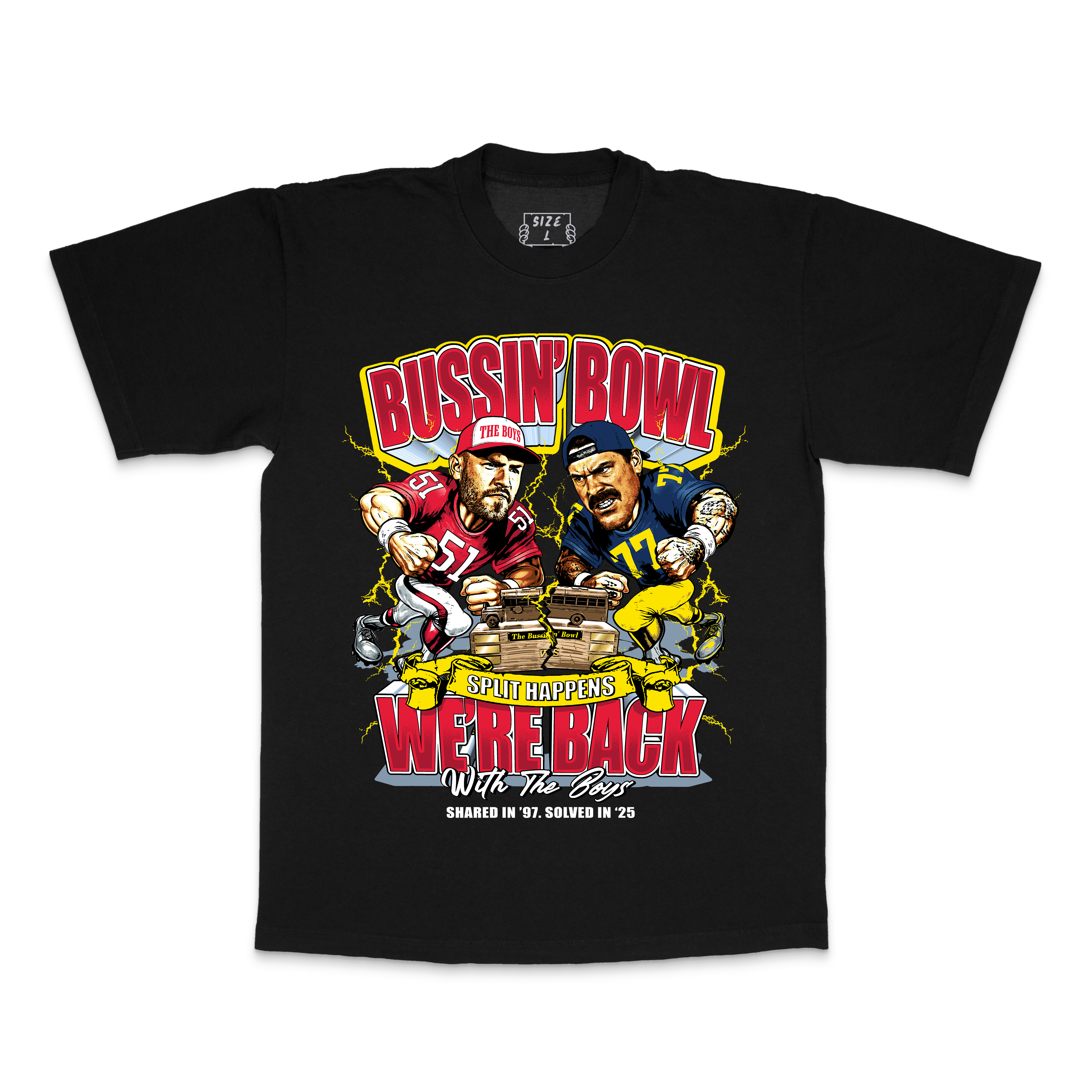 Black t-shirt with colorful graphic design featuring two athletes and text on a white background