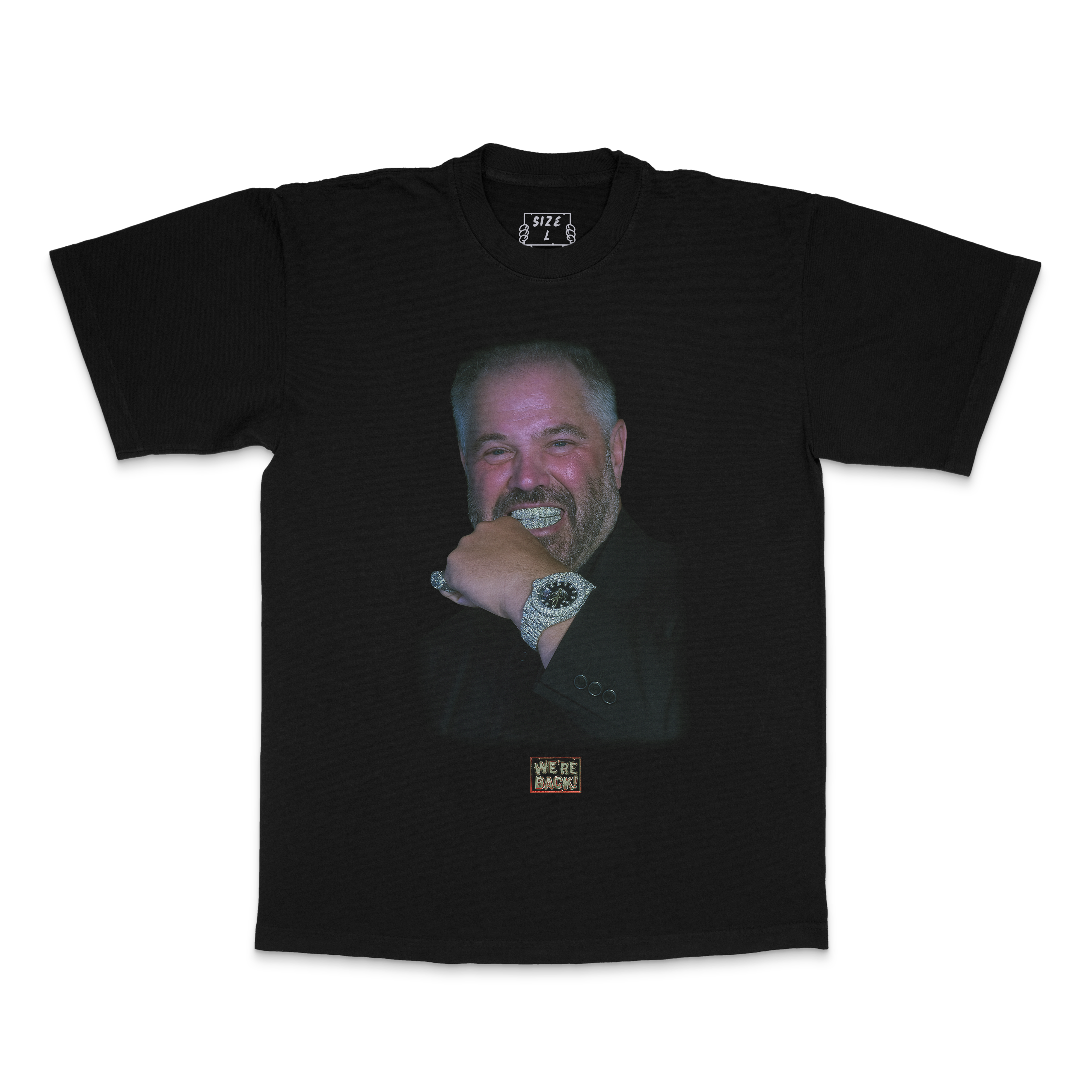 Black t-shirt with a graphic of a man on a white background