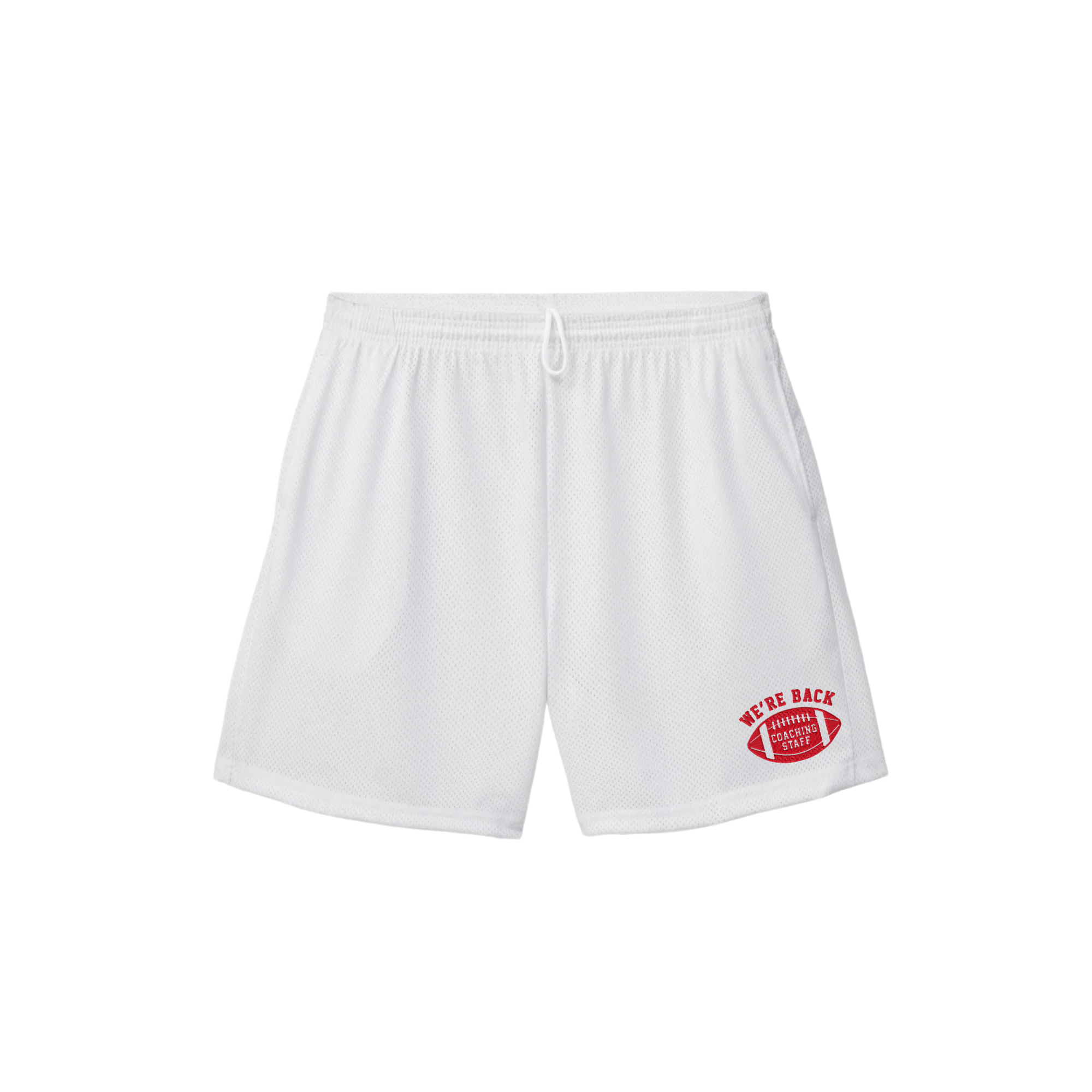 Red mid-length mesh basketball shorts with a white graphic on the left leg, designed for sports or casual wear.