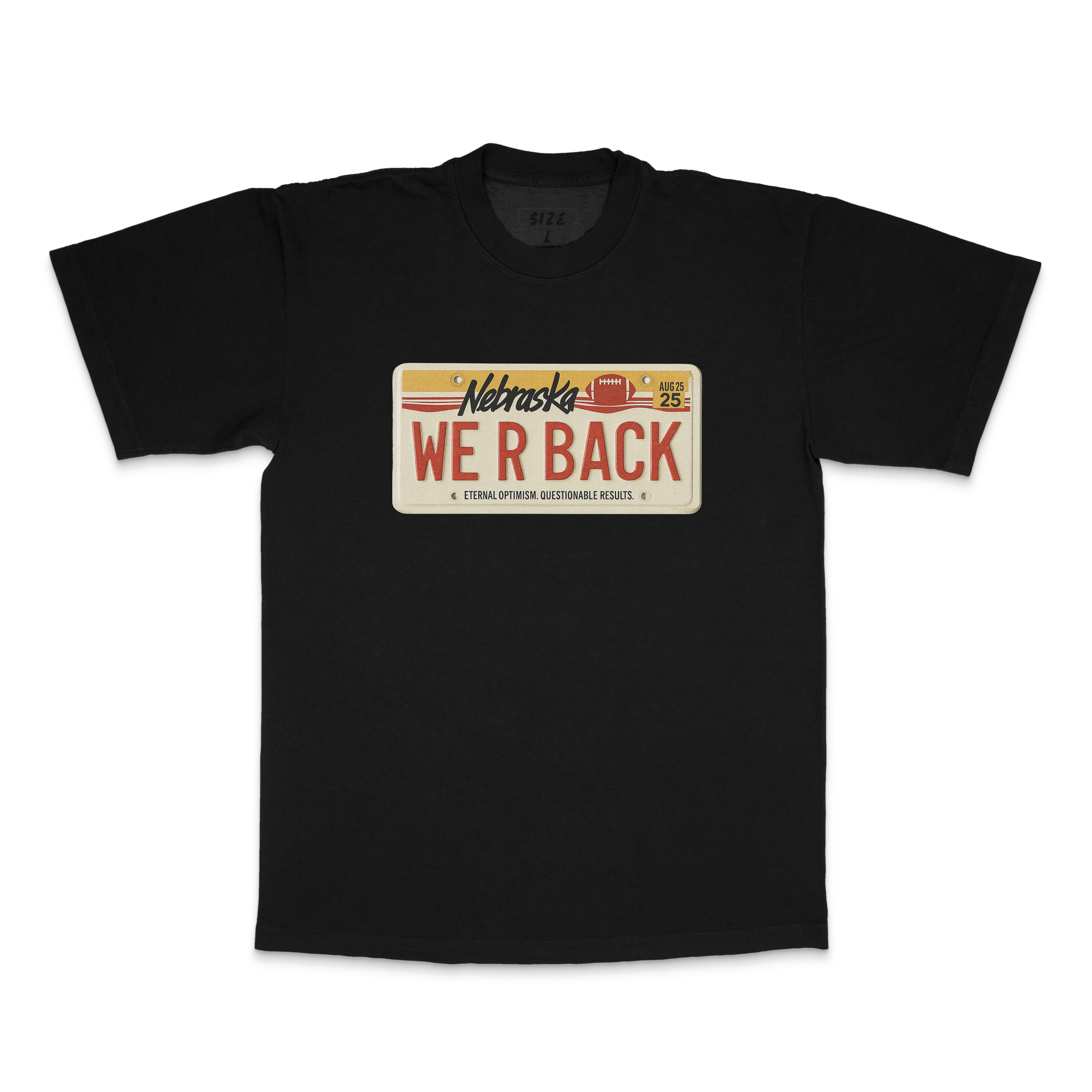 Black t-shirt with a Nebraska license plate design on a white background