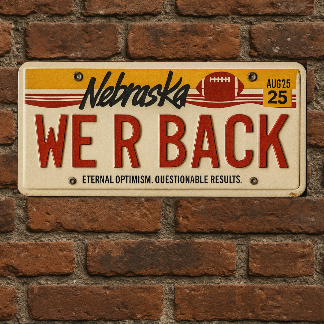 Nebraska license plate with 'WE R BACK' text on a brick wall