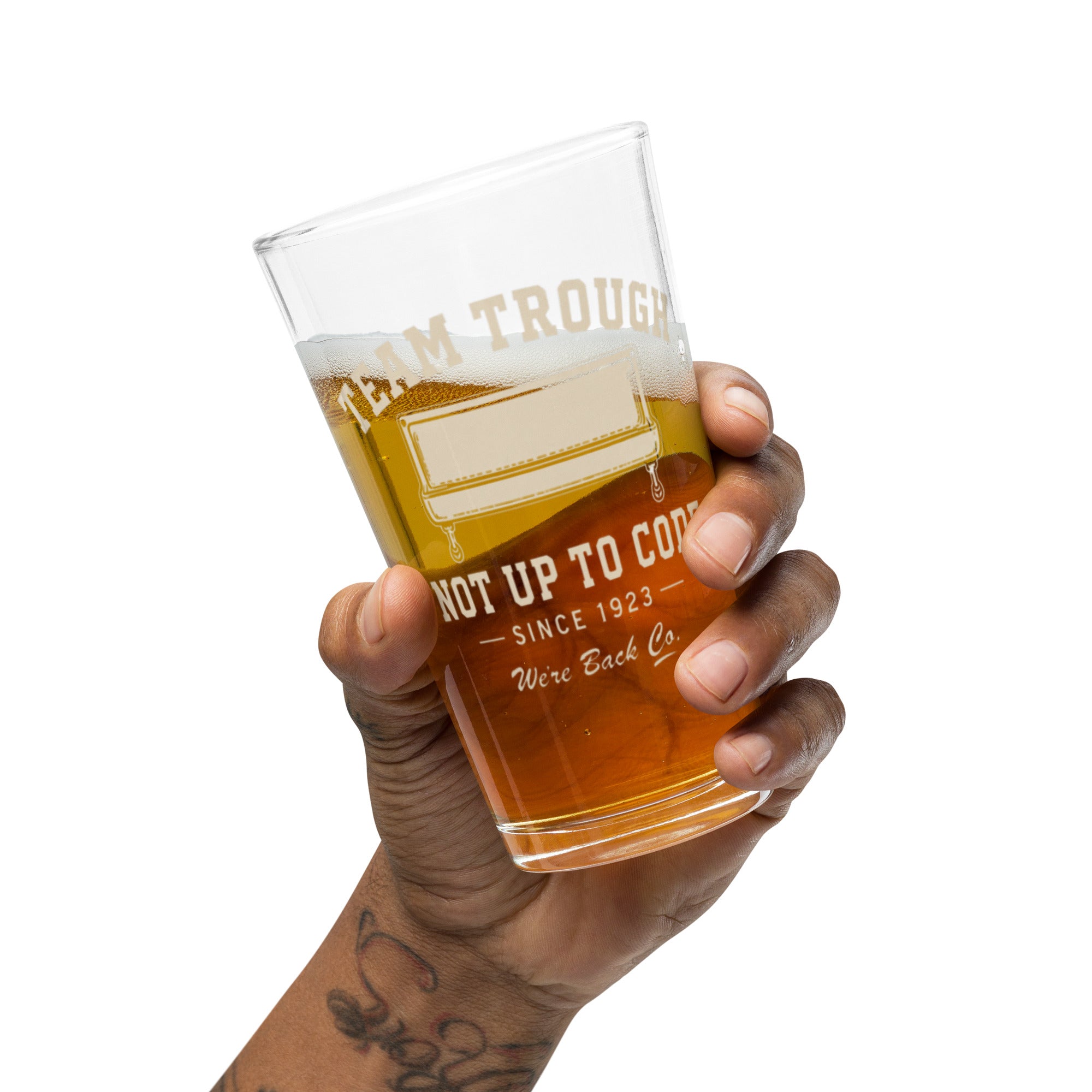 Team Trough Pint Glass mockup — We're Back Co.