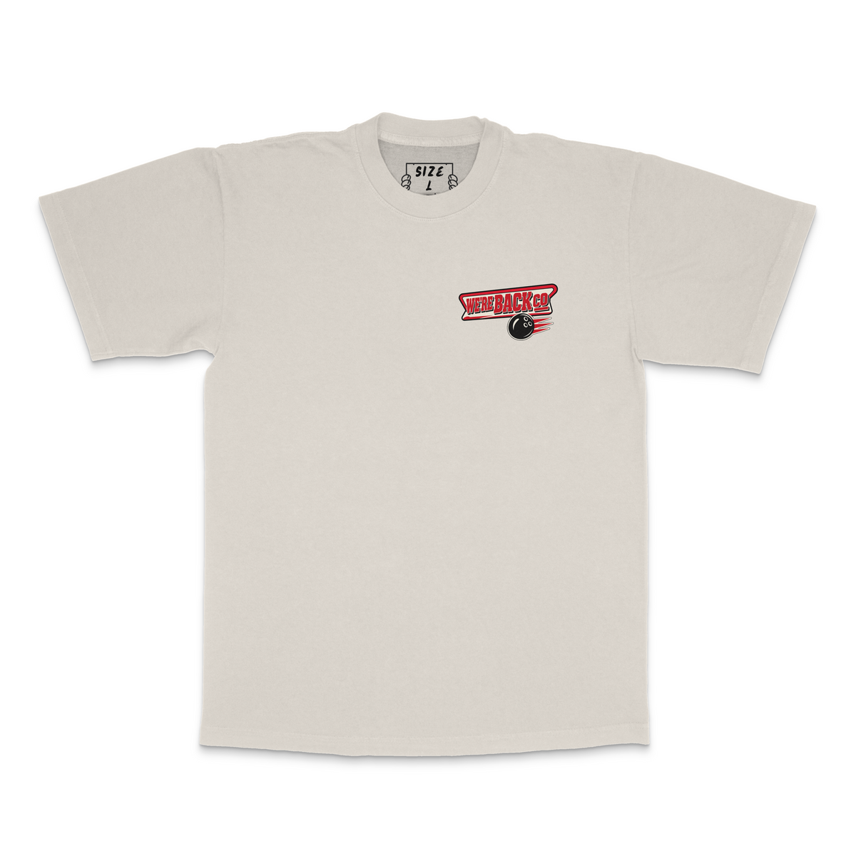 Front view of the Faded Ecru 1ST & TEN PINS tee with a small left-chest WBC bowling graphic
