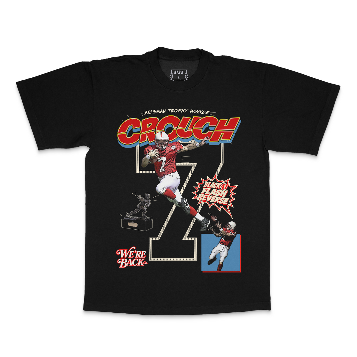 Black tee with Eric Crouch football artwork and Black 41 Flash Reverse lettering across the front.