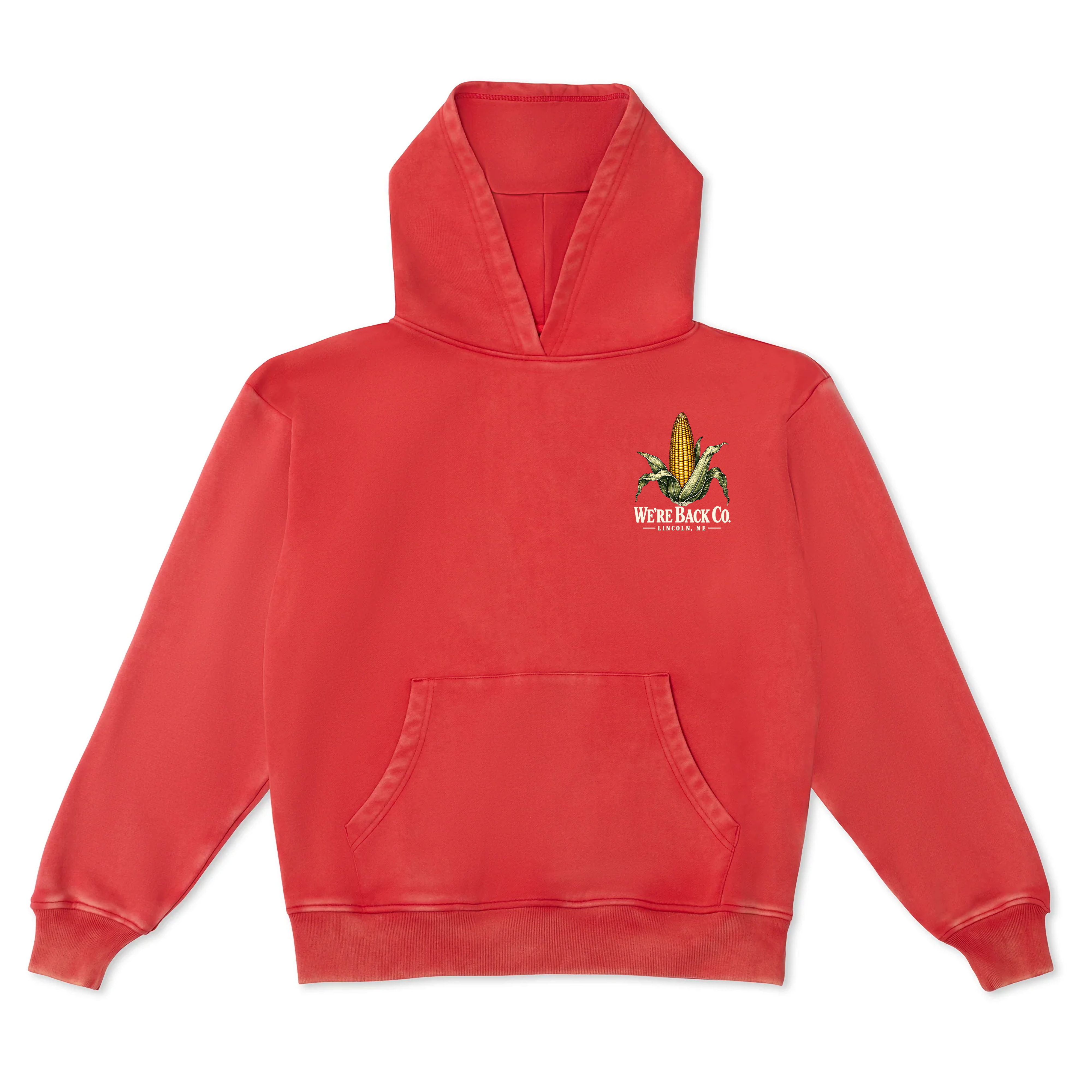 Front of vintage red Don't Panic Hoodie with corn left-chest graphic
