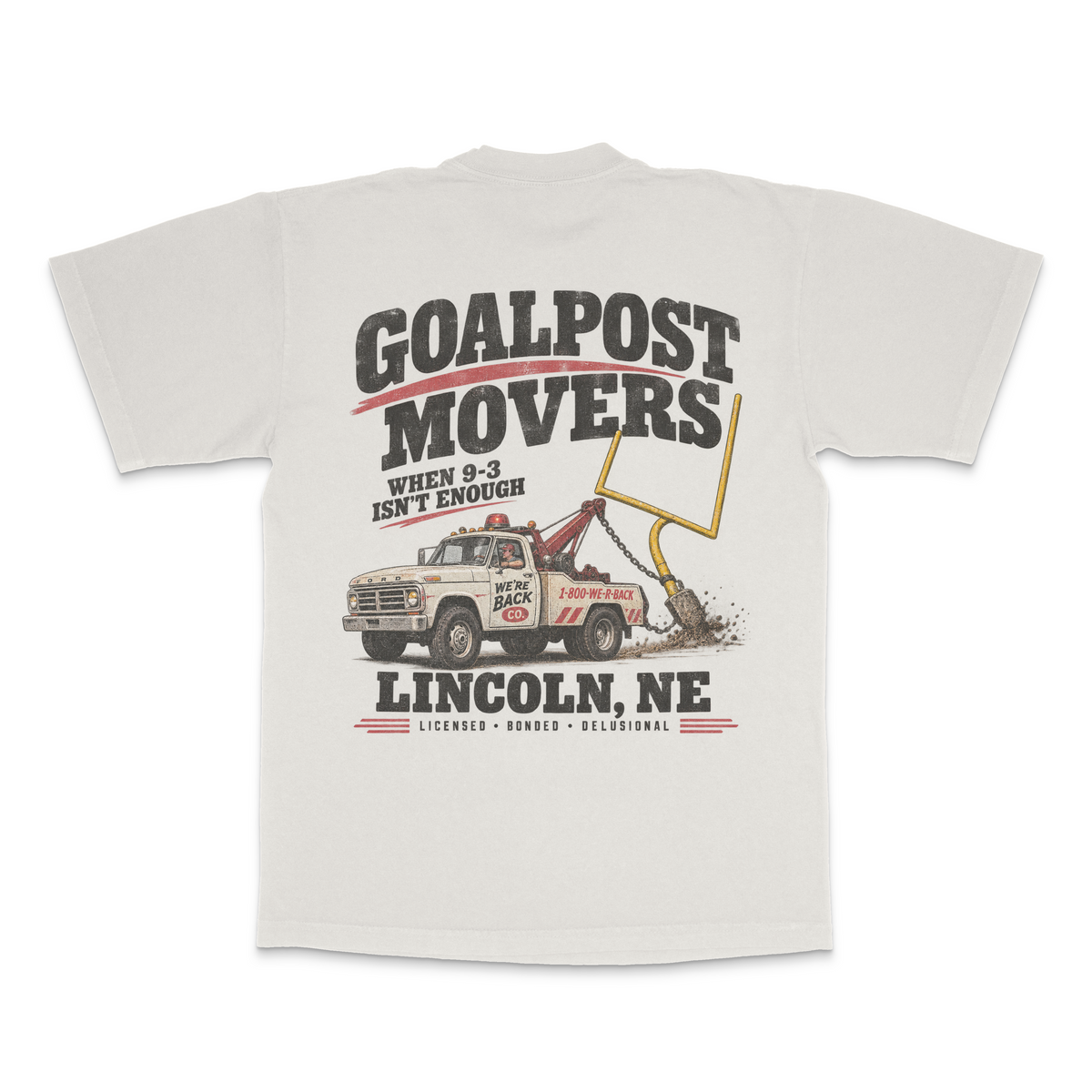 Back of faded bone Goalpost Movers Tee with tow truck and goalpost graphic