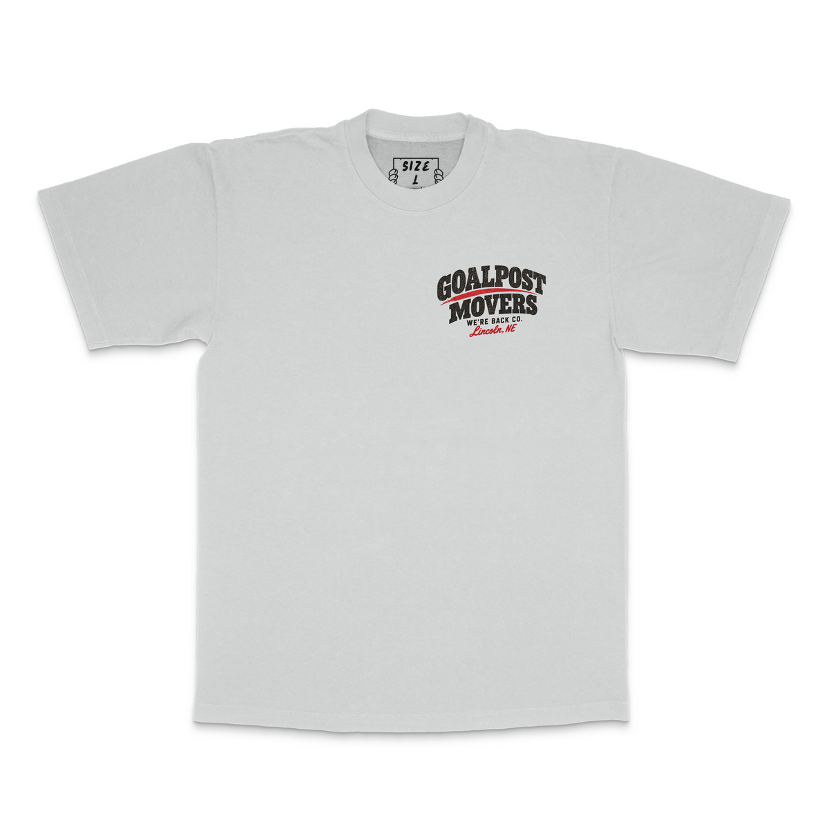 Front of faded bone Goalpost Movers Tee with small chest graphic