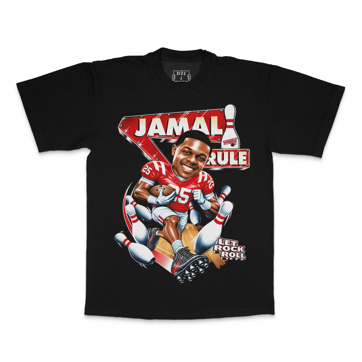 Front view of the black Jamal Rule Let Rock Roll tee with illustrated football and bowling design