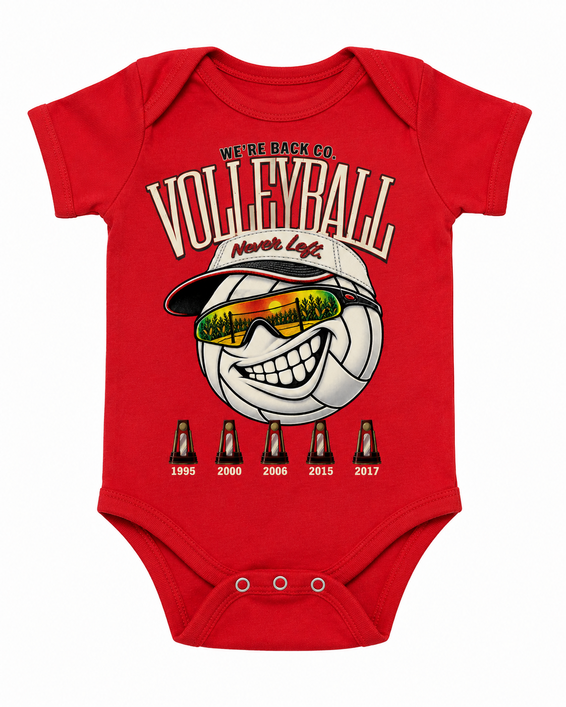 Never Left Onesie in red with oversized vintage volleyball mascot and five title years
