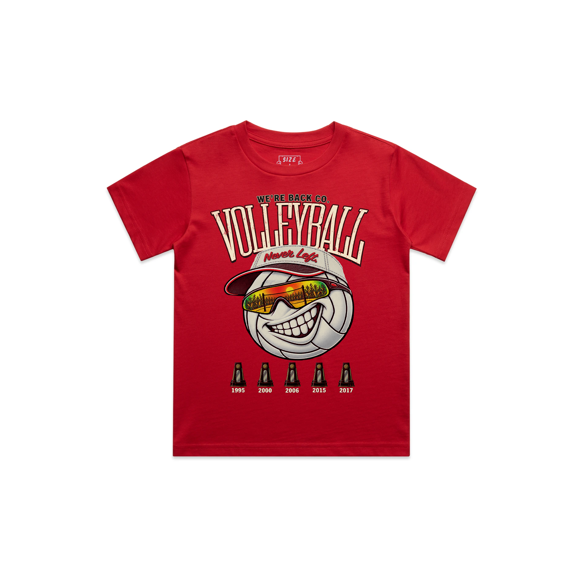 Never Left Youth Tee in red with oversized vintage volleyball mascot and five title years
