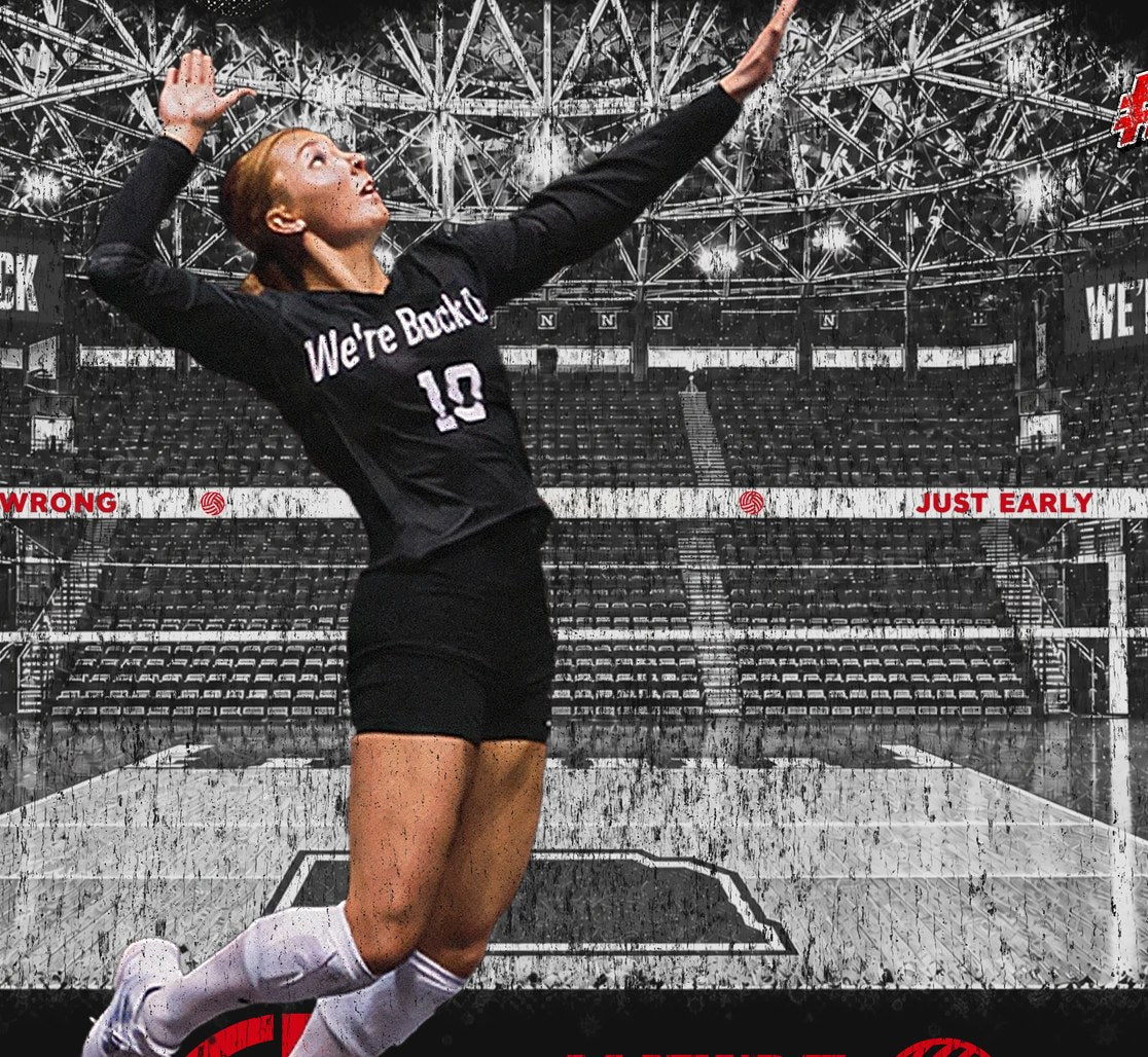 Olivia Mauch, #10, rising to serve, from the collection artwork.