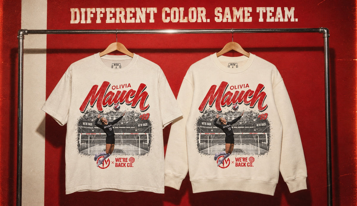 Olivia Mauch Different Color tee and crewneck hanging against a red wall