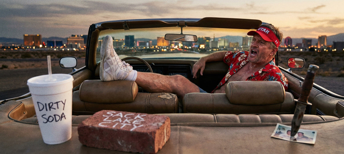 Person lounging in a convertible with a cityscape in the background