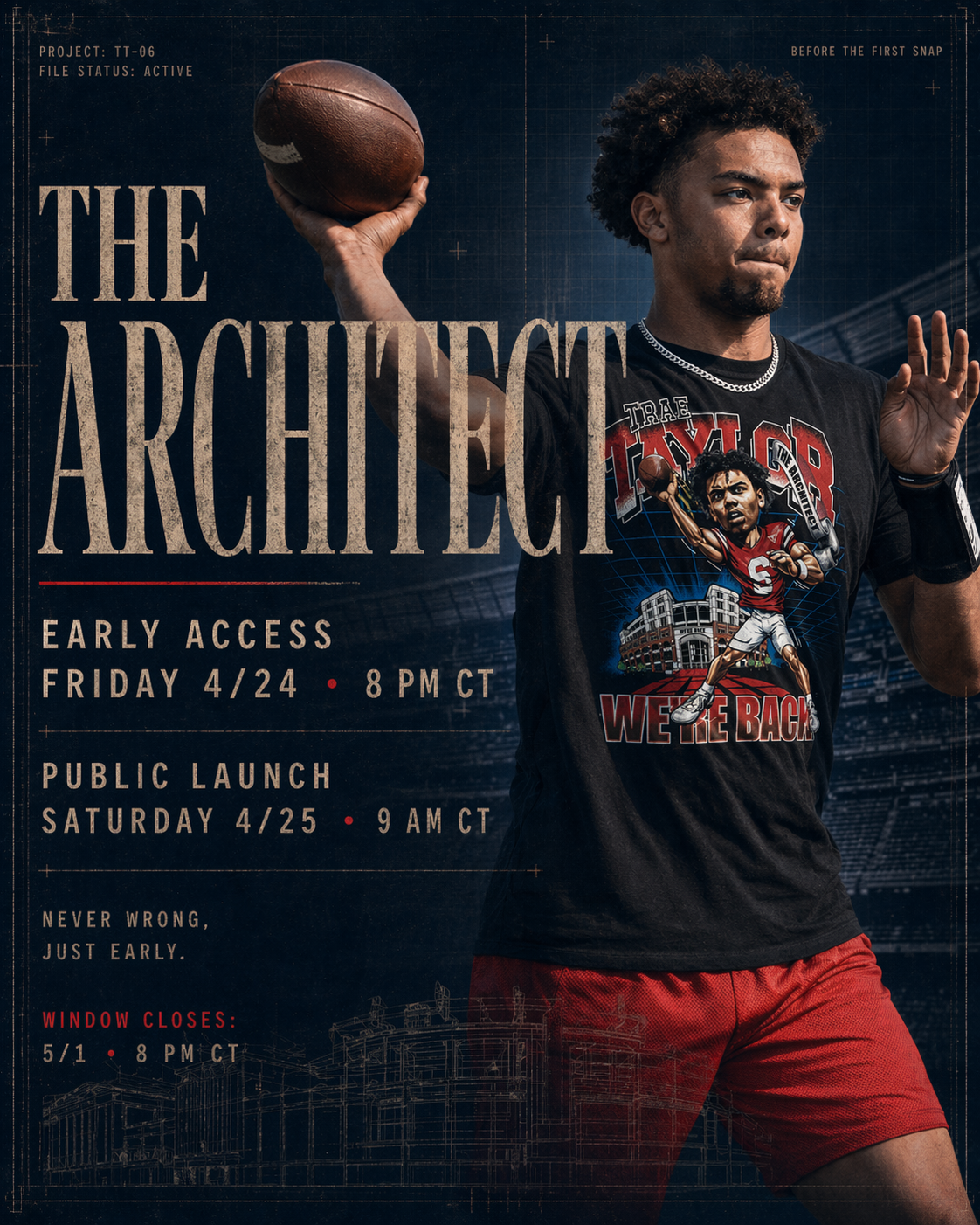 Trae Taylor in black Architect tee, mid-throw