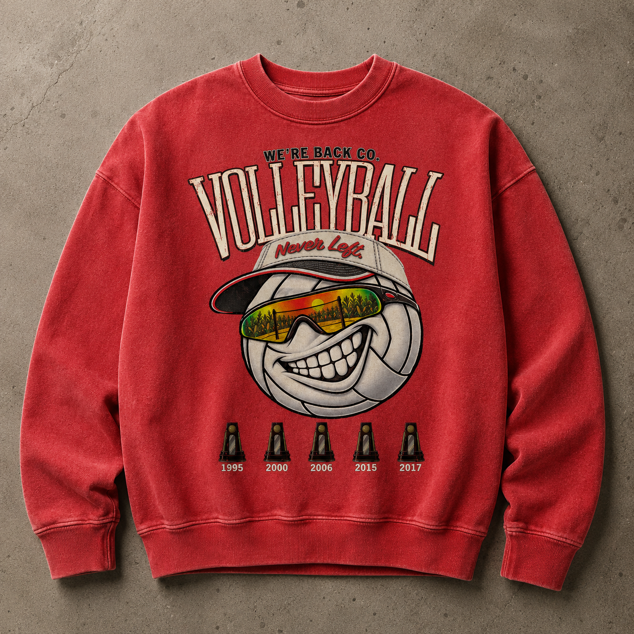 Never Left 15 oz Vintage Red crewneck product photo showing heavyweight pigment-dyed fleece and oversized front DTG graphic