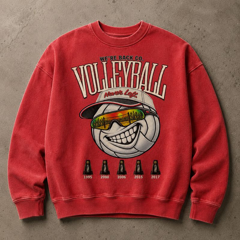 Never Left Crew Neck product detail showing the 15 oz Vintage Red fleece and oversized front print