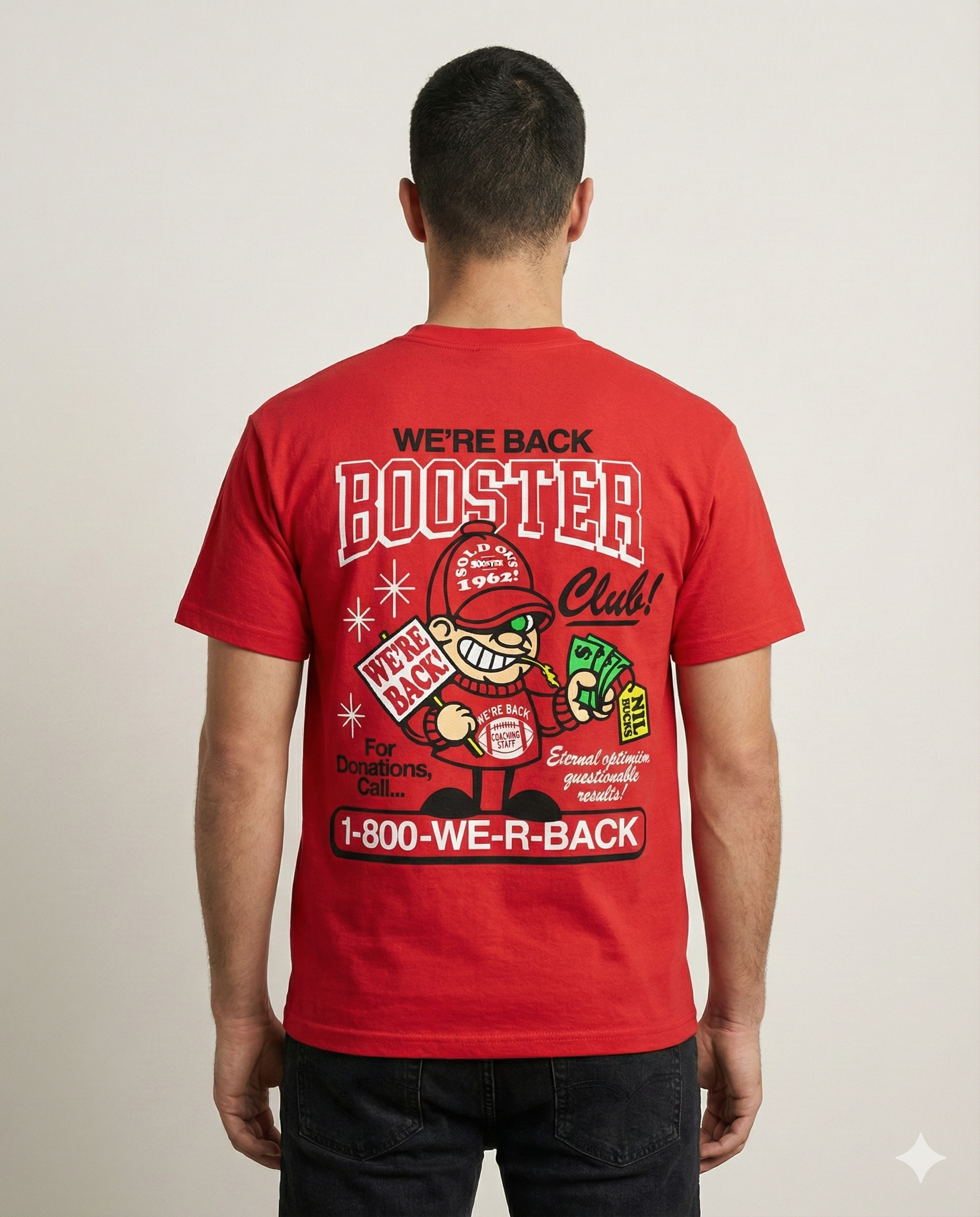 Person wearing a red t-shirt with 'Booster Club' graphic on the back