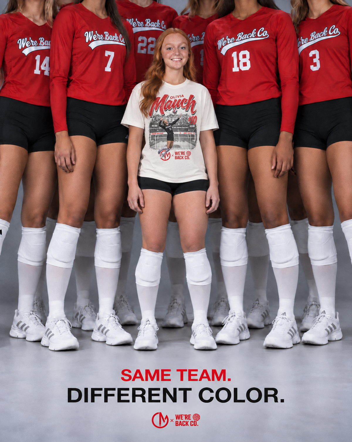 Same team. Different color. A model wearing the Olivia Mauch tee beside volleyball players