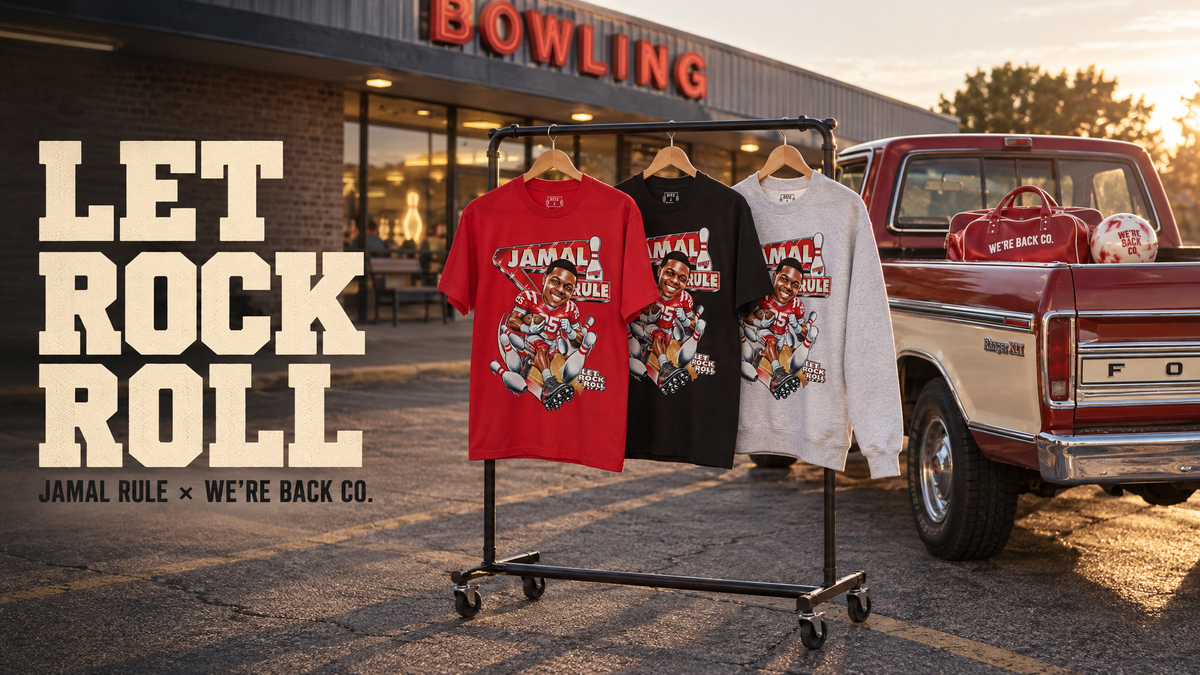Let Rock Roll campaign: Jamal Rule tees and Heather Grey crewneck outside the bowling alley.