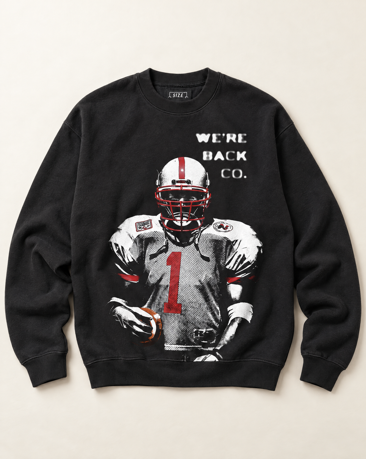 Low Profile Crewneck in Jet Black with Lawrence Phillips football artwork.
