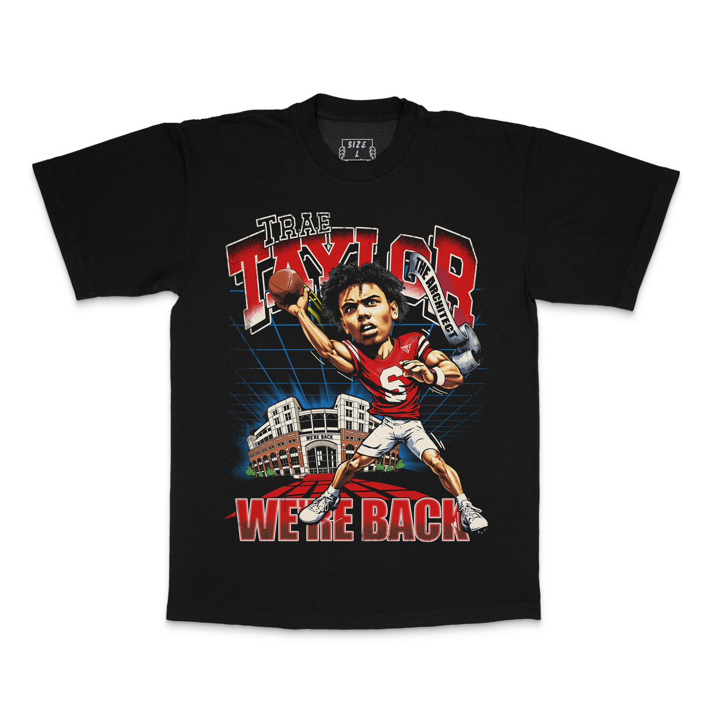 The Architect Tee in black — Trae Taylor caricature graphic, scarlet and cream on heavyweight cotton