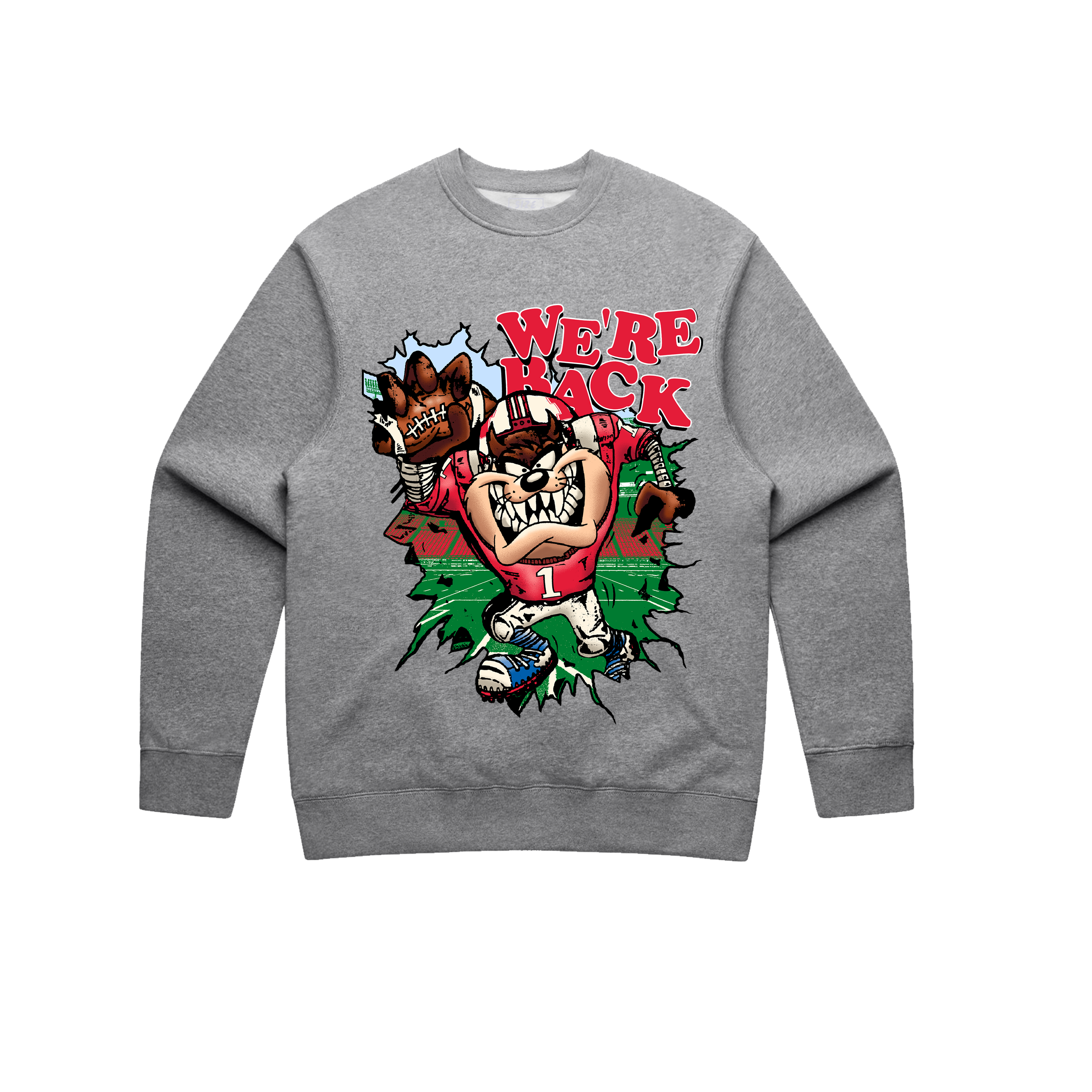 Gray sweatshirt with cartoon characters and 'We're Back' text on a white background