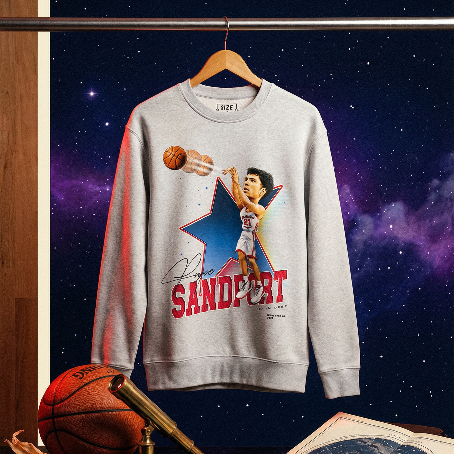 Gray sweatshirt with a star and basketball player design on a hanger against a starry space background.