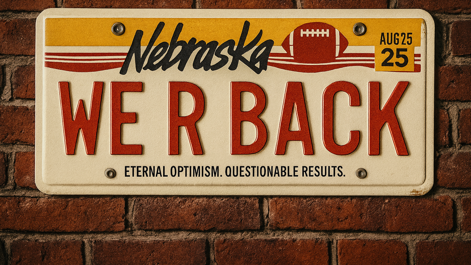 Nebraska license plate with 'WE R BACK' text on a brick wall