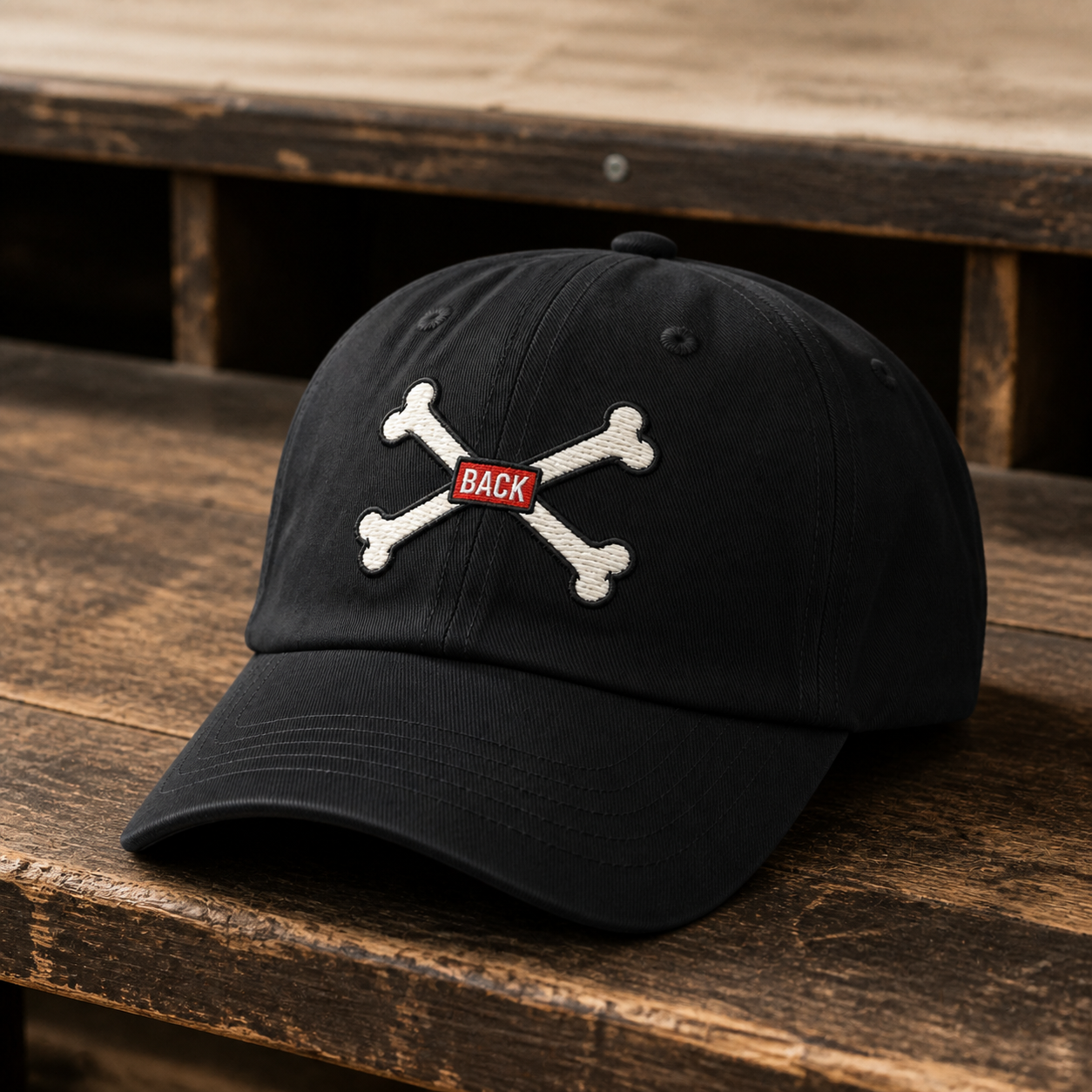 Black Bones Dad Hat lifestyle photo on a worn wood bench with crossed-bones embroidery and red BACK tab