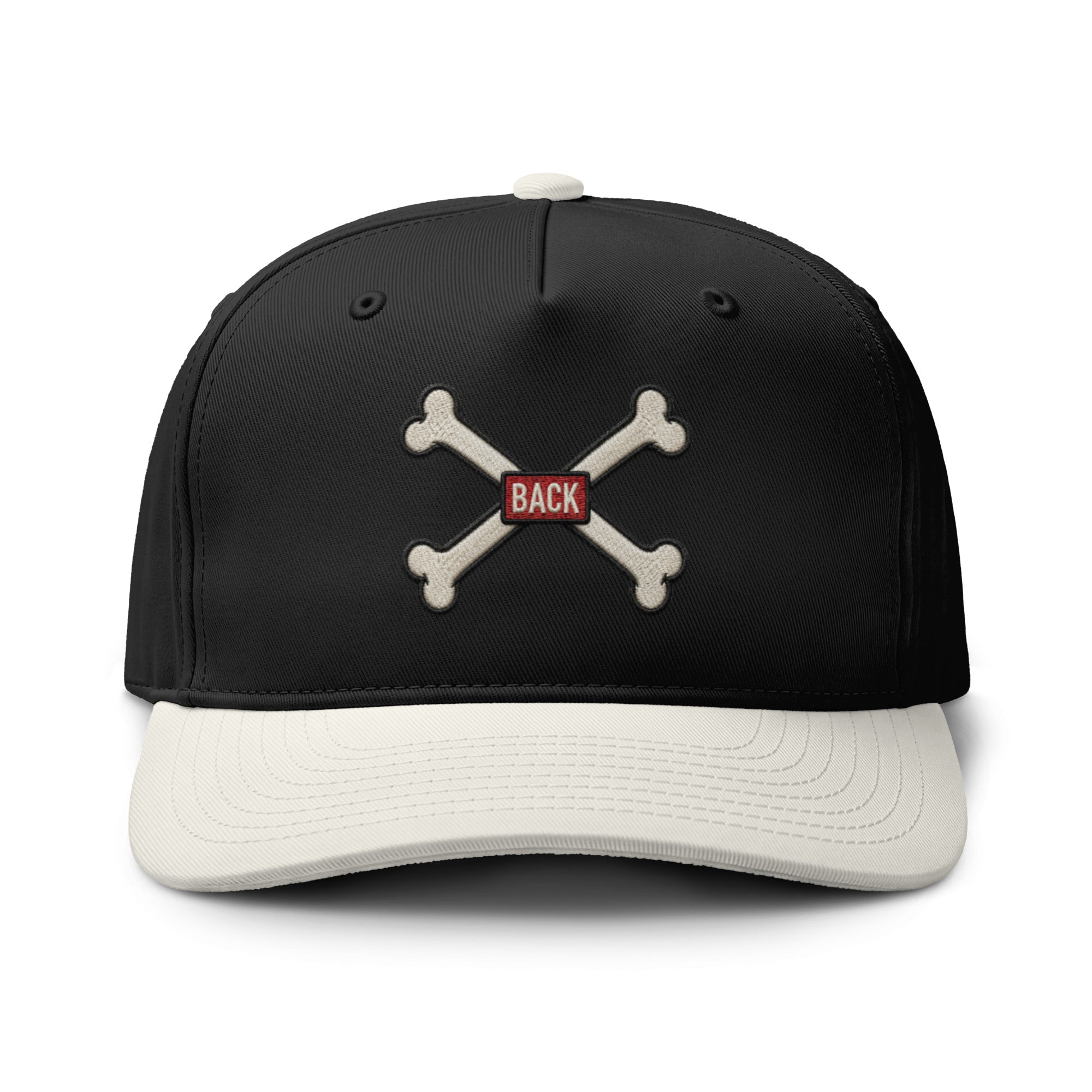 Black-and-natural Bones Two-Tone Hat front view with crossed-bones DTF print