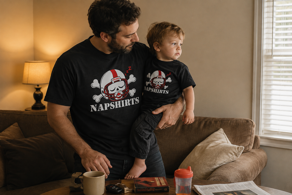 Father and toddler in matching Napshirts tees
