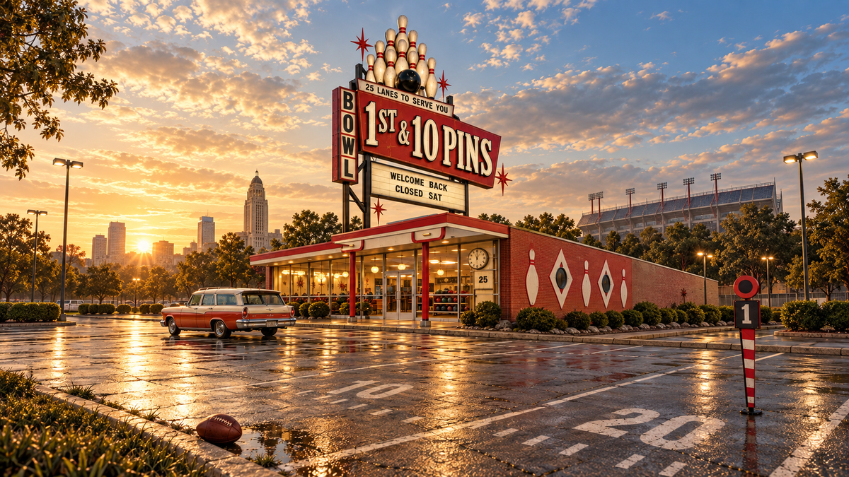 1st & 10 Pins at golden hour, with the full vintage sign, Lincoln skyline and red bowling alley.