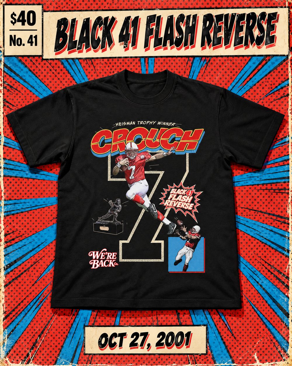 Black Black 41 Flash Reverse tee on a comic book cover