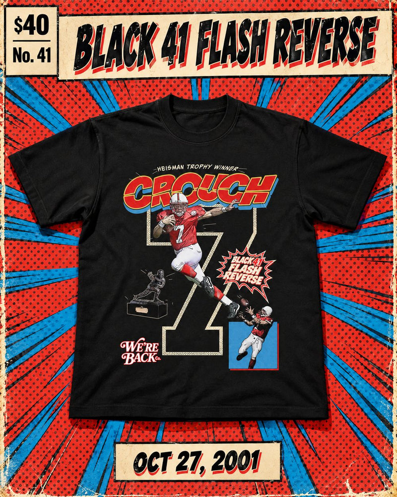 Black Black 41 Flash Reverse tee on a comic book cover