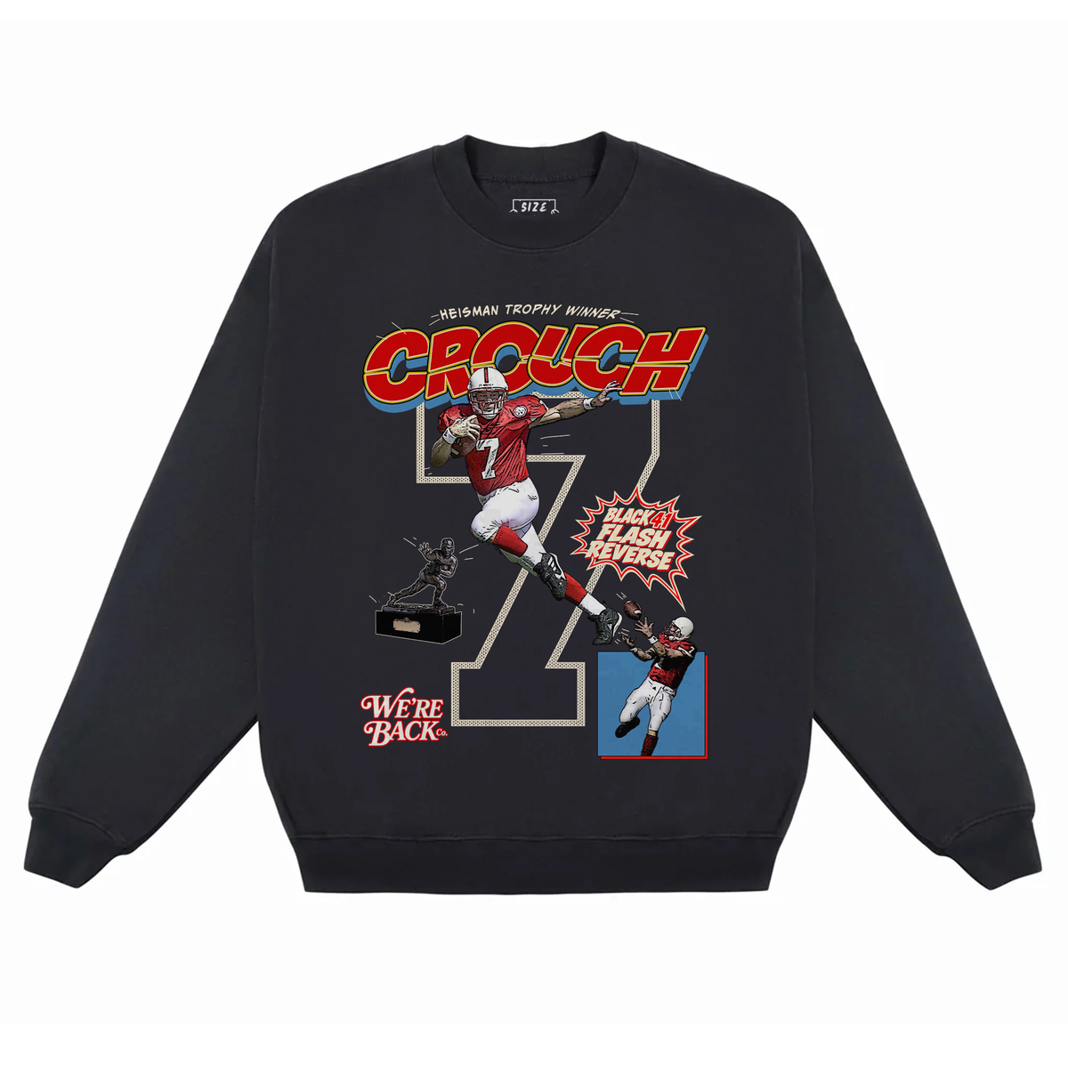 Jet Black crewneck sweatshirt with Eric Crouch football artwork and Black 41 Flash Reverse lettering on the front.