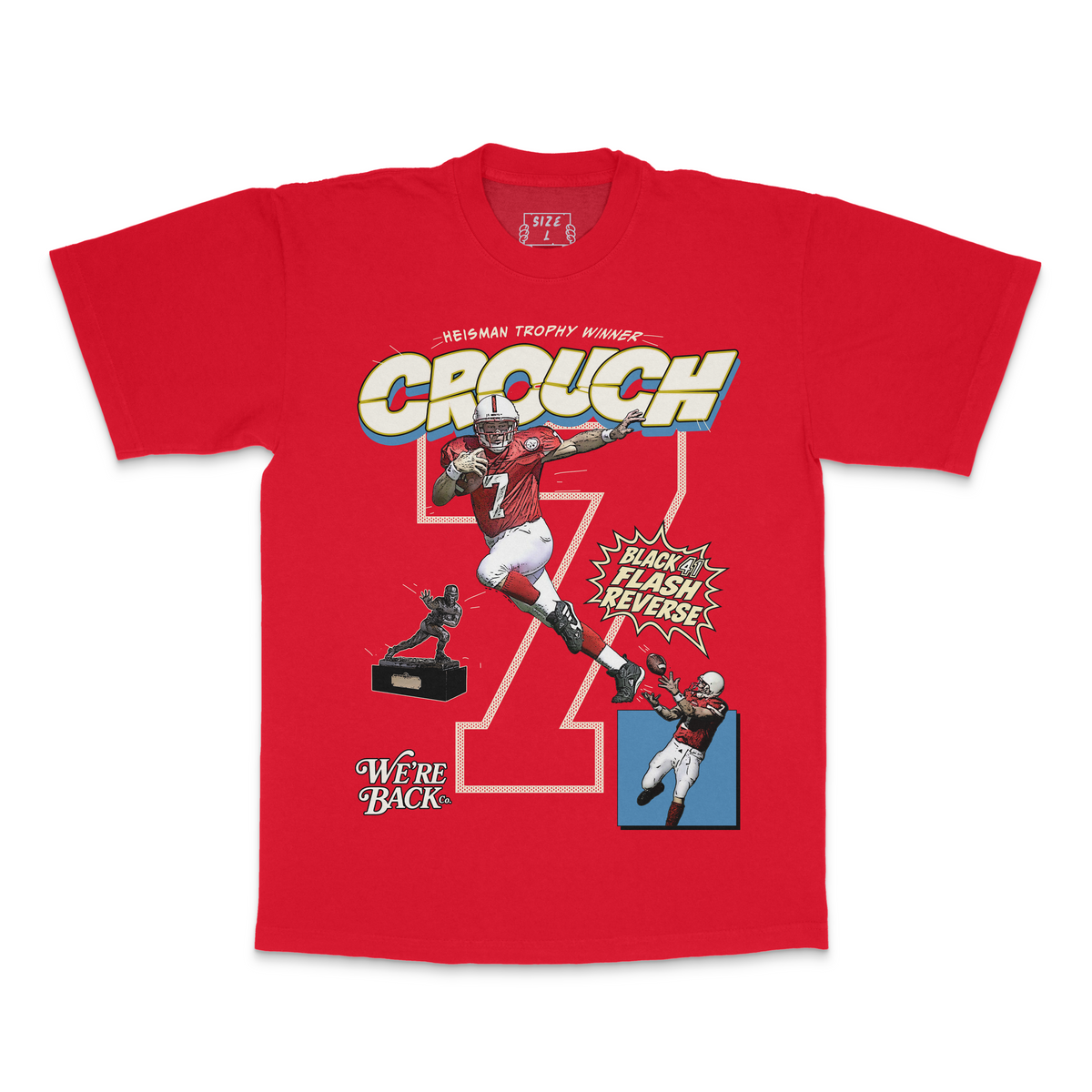 Red tee with Eric Crouch football artwork and Black 41 Flash Reverse lettering across the front.