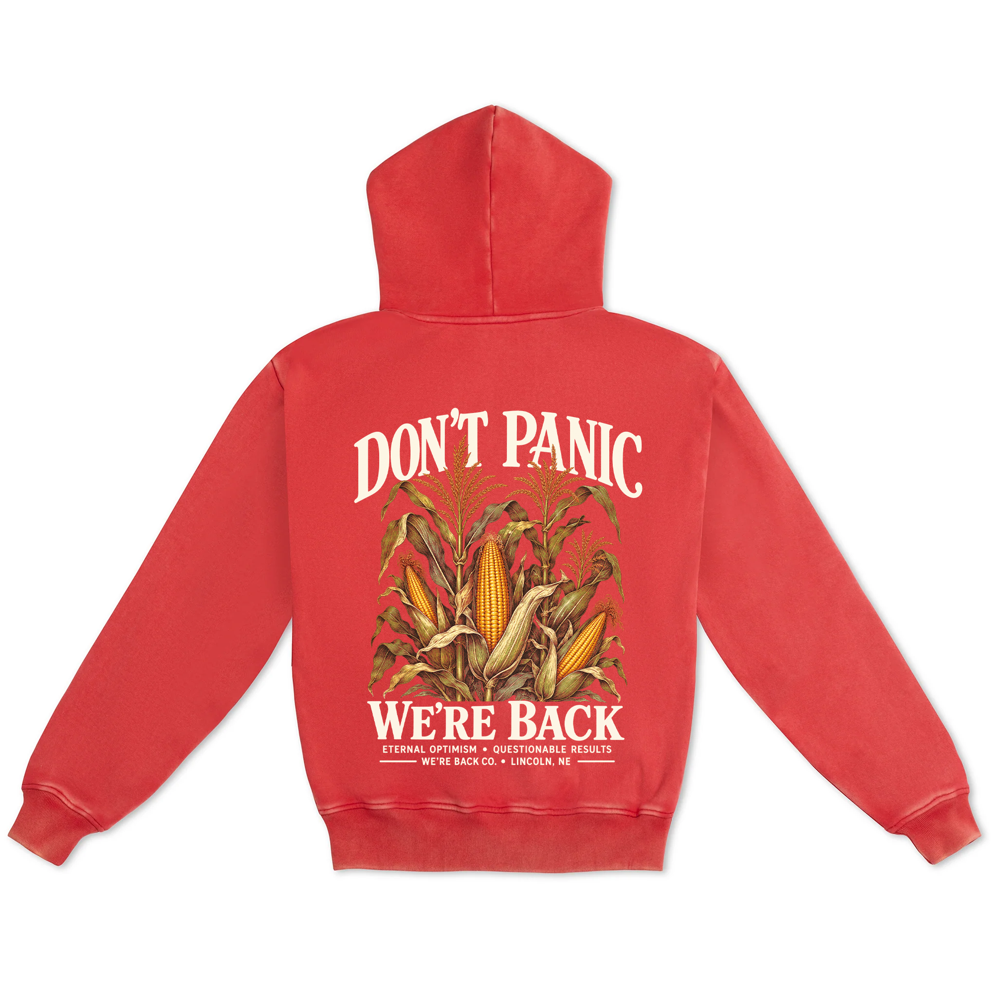 Back of vintage red Don't Panic Hoodie with large cornfield graphic