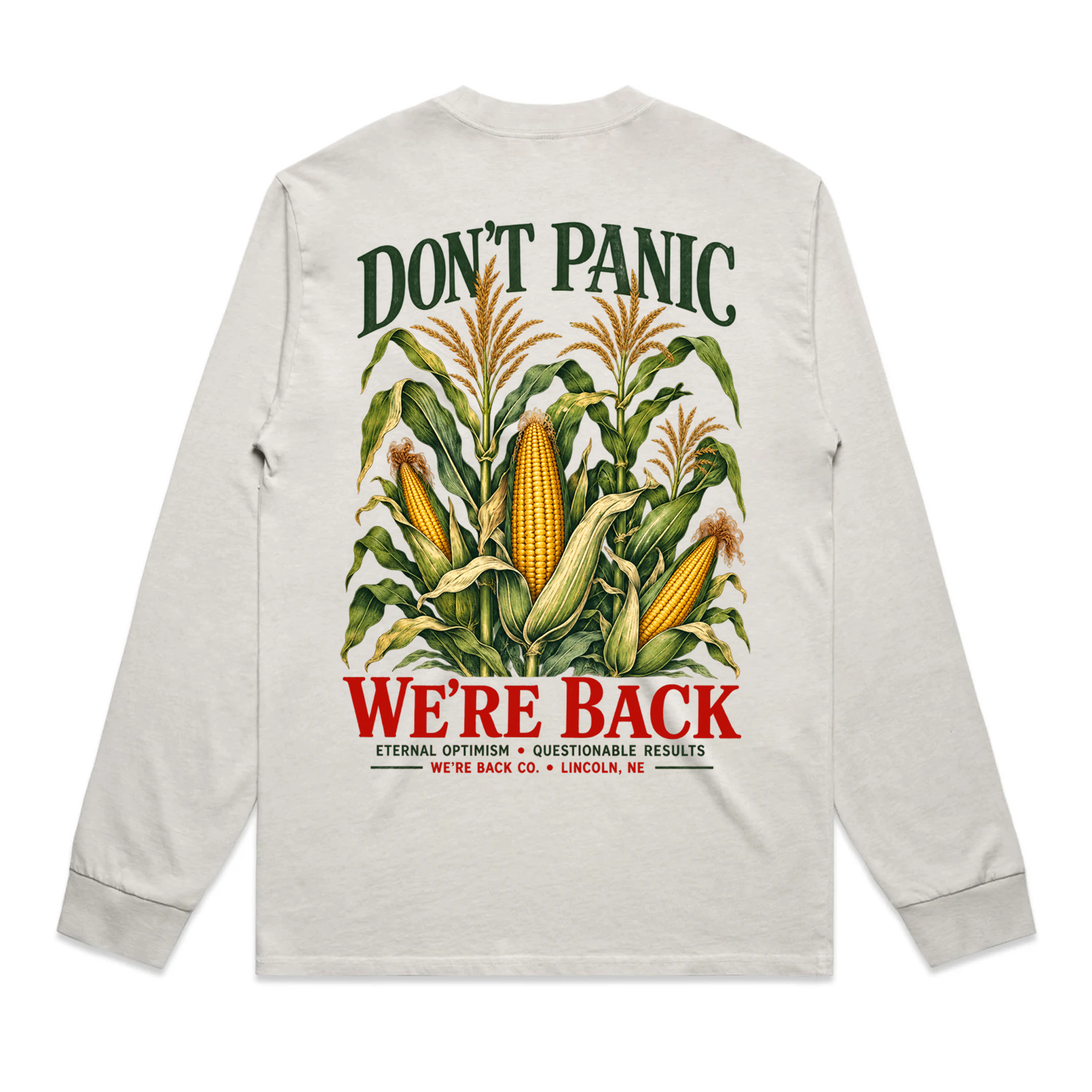 Back of faded bone Don't Panic Long Sleeve with large cornfield graphic