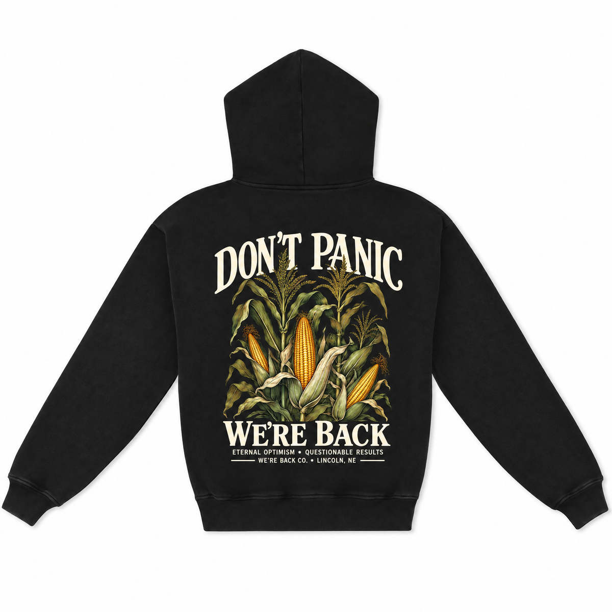 Back of solid black Don’t Panic Hoodie with cream lettering and full cornfield artwork