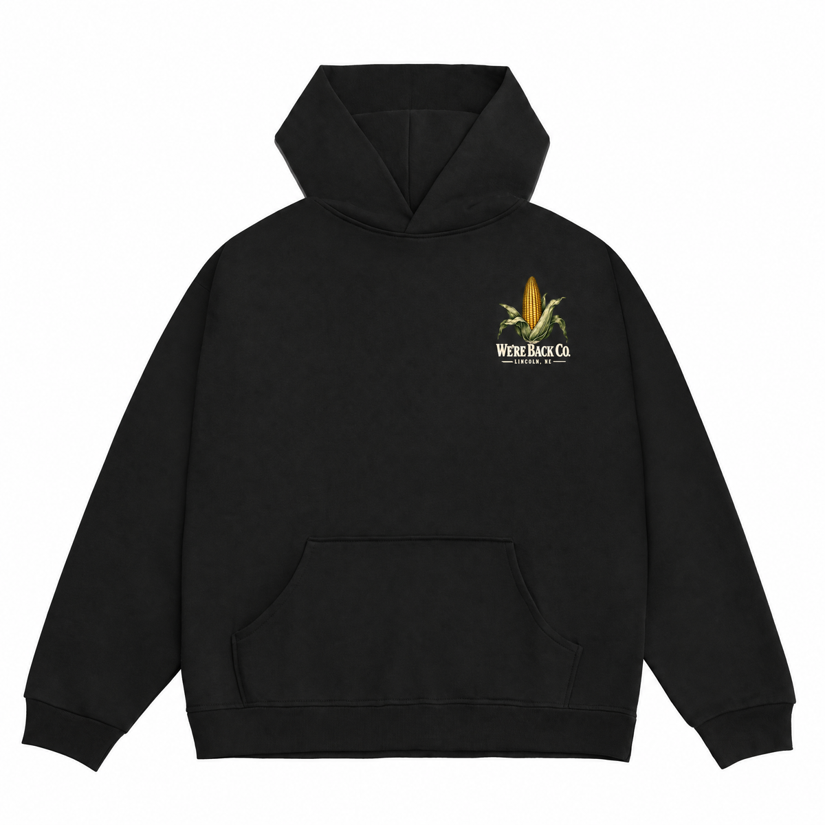Front of solid black Don’t Panic Hoodie with small corn and WE’RE BACK CO. left-chest artwork