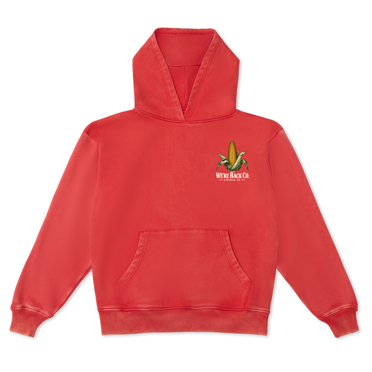 Front of the vintage red Don’t Panic Hoodie with the small corn chest graphic.