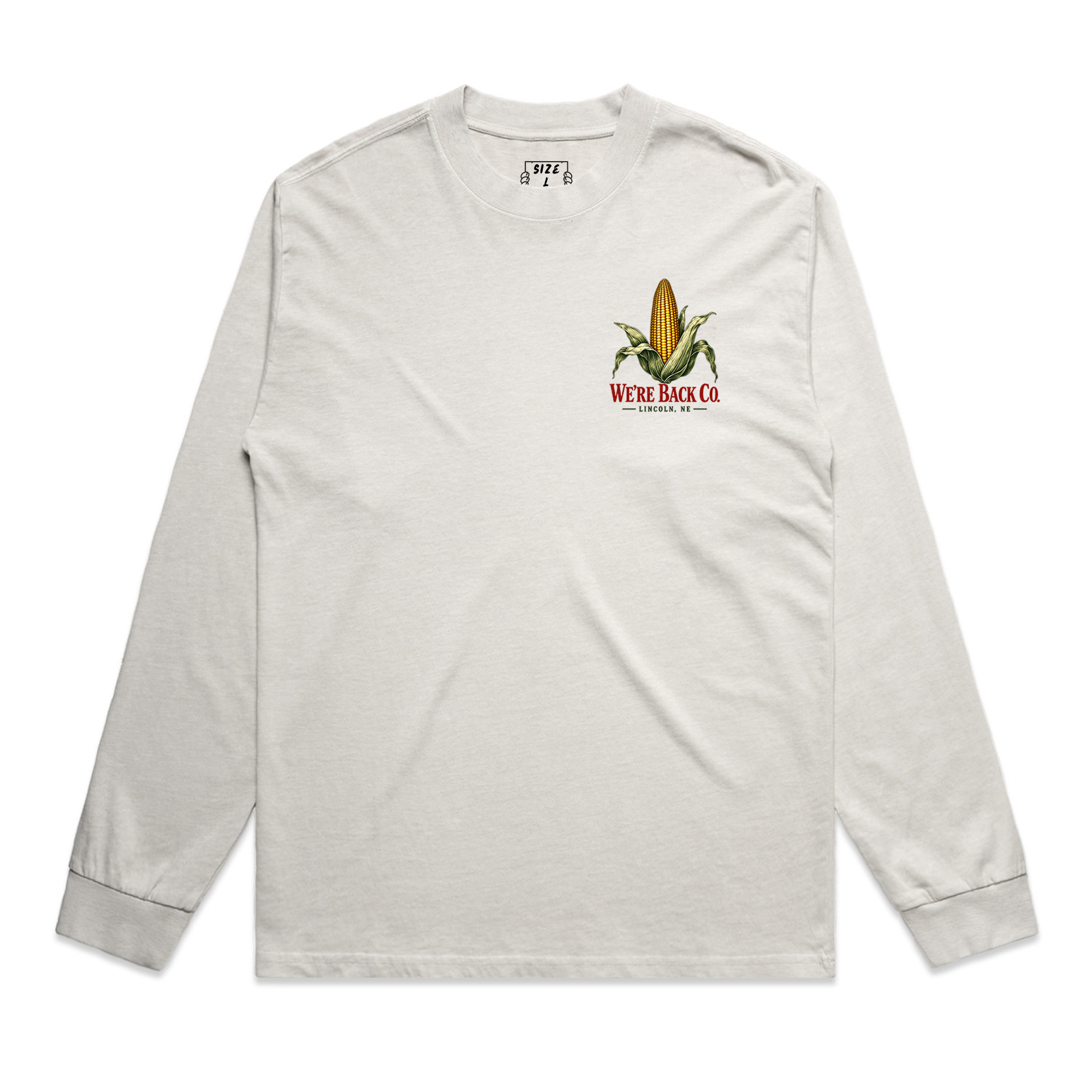 Front of faded bone Don't Panic Long Sleeve with corn left-chest graphic