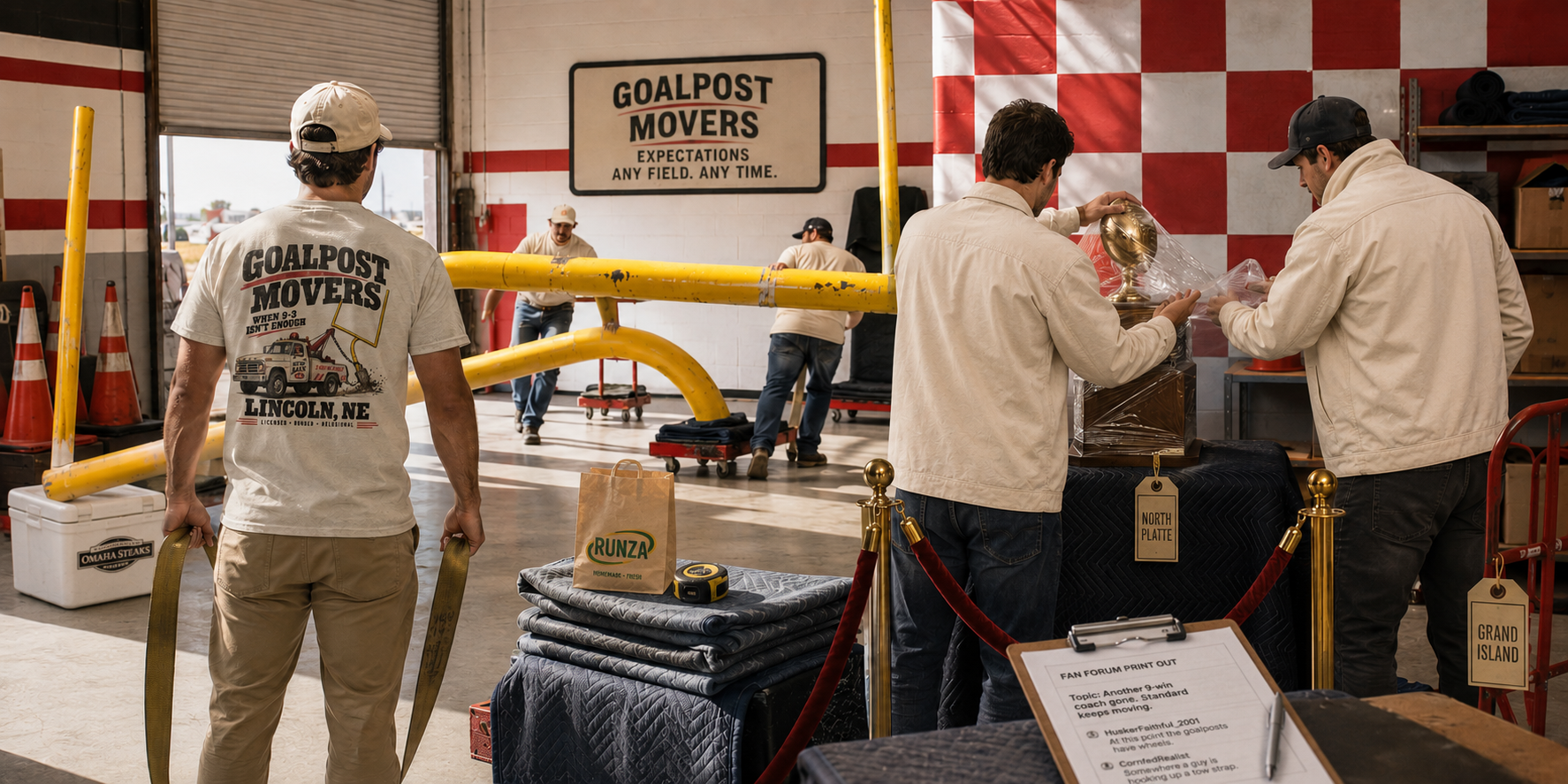 Goalpost Movers crew relocates a goalpost and packs trophies in the Expectations Adjustment Yard