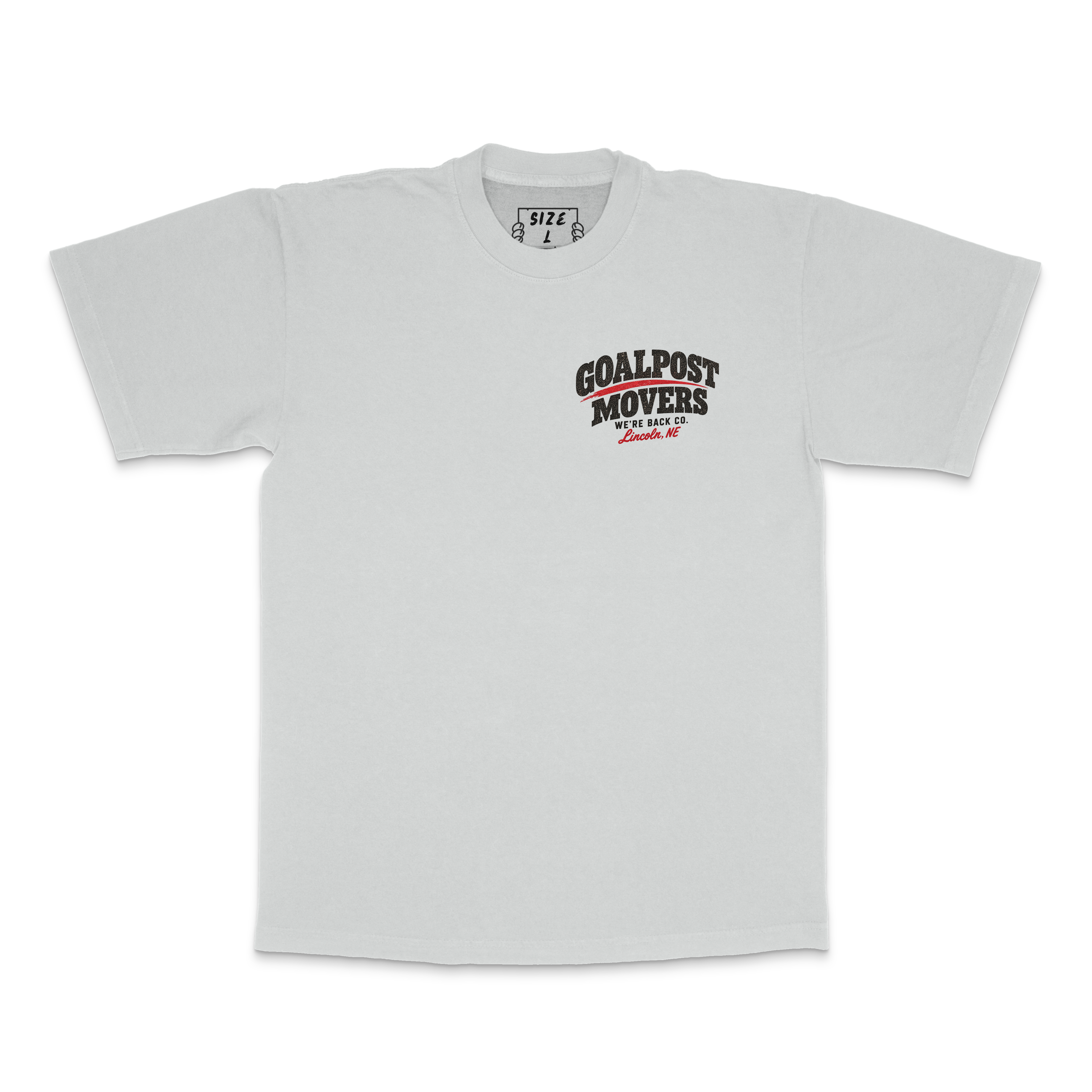 Front of faded bone Goalpost Movers Tee with small chest graphic