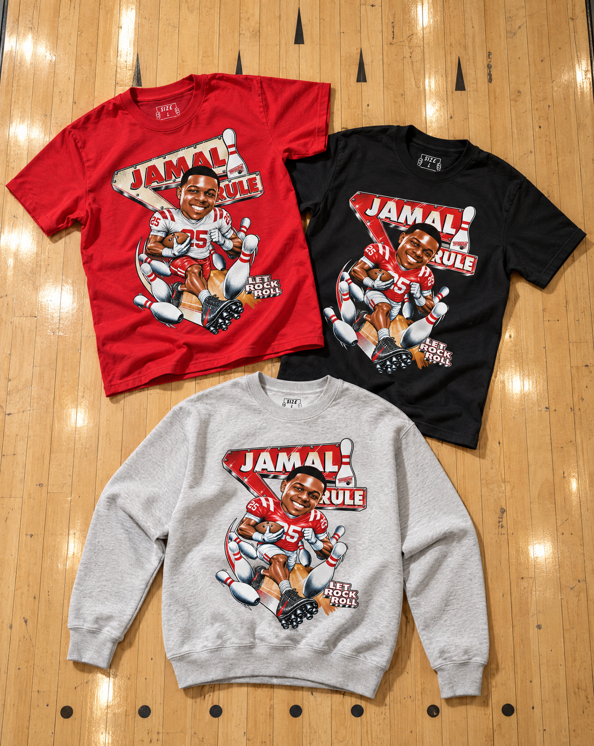 Black and red Let Rock Roll tees and the Heather Grey crewneck together on a bowling lane.