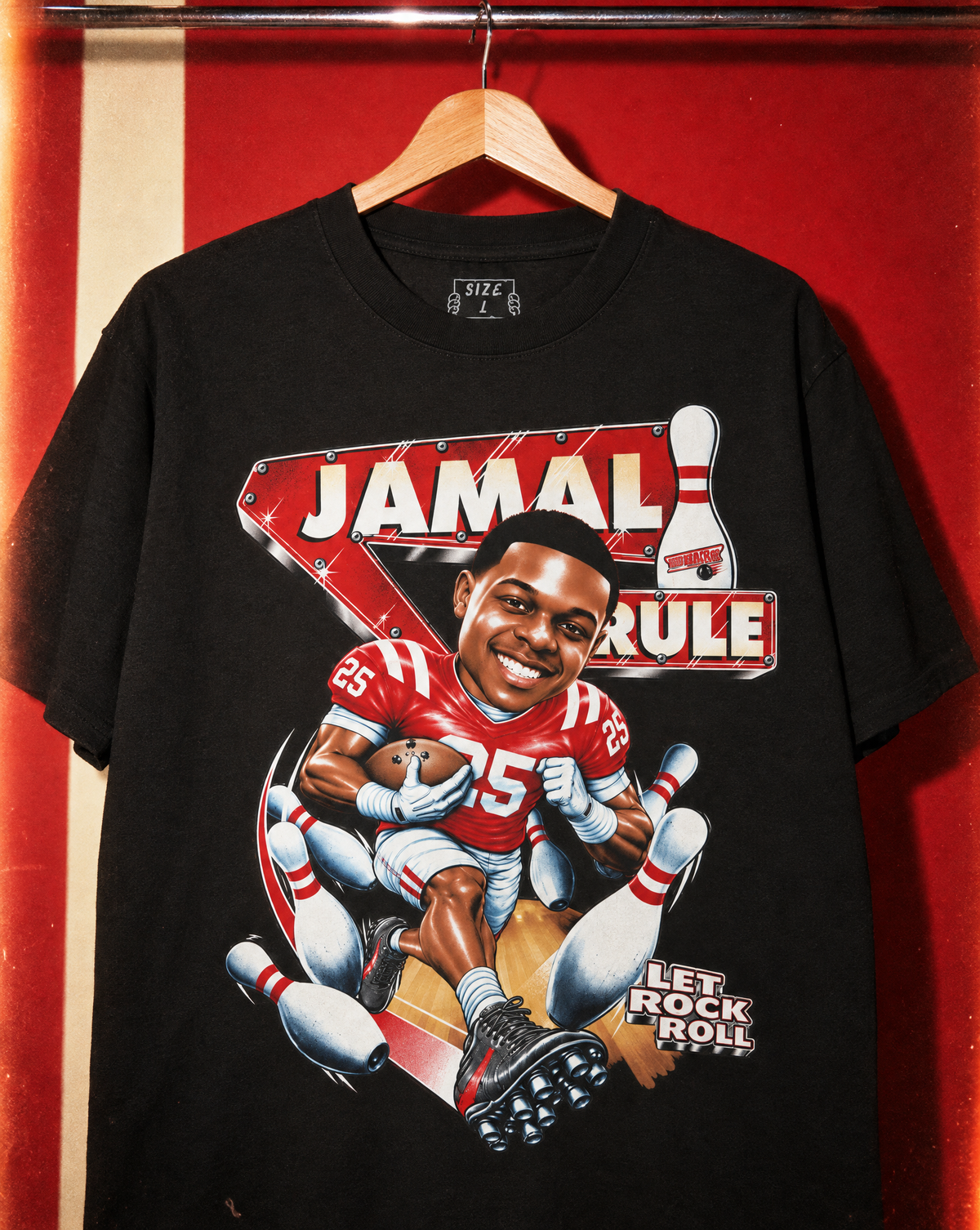 Campaign artwork: black Let Rock Roll tee on a hanger against a red backdrop.