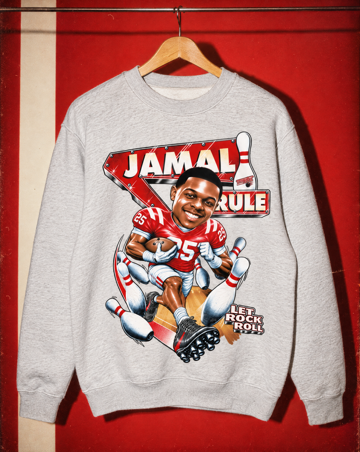 Campaign artwork: Athletic Heather Grey crewneck on a hanger against a red backdrop.