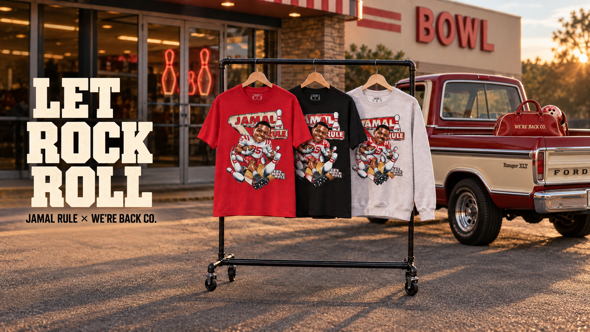 Campaign artwork: Let Rock Roll gear styled at a bowling alley.