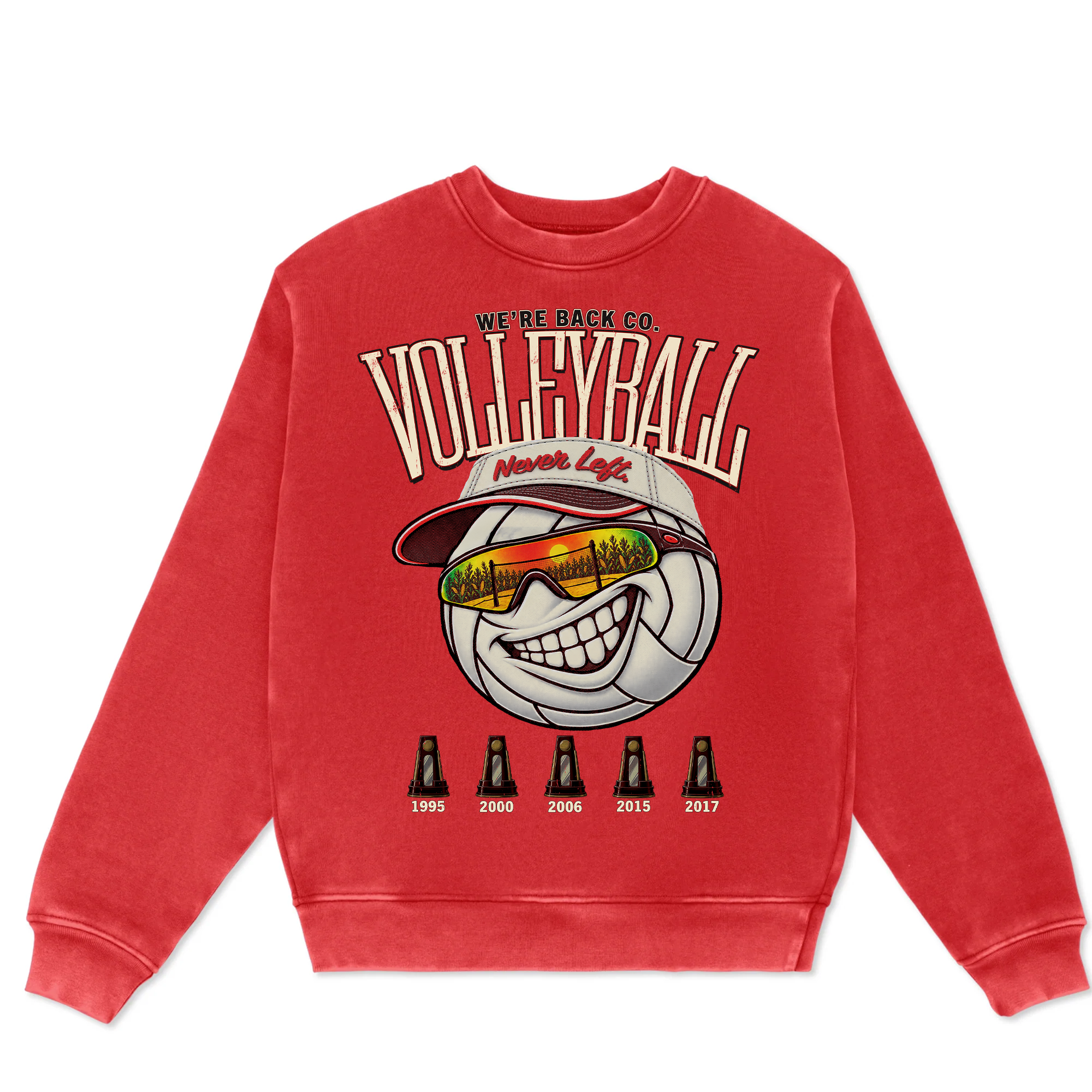 Never Left Volleyball Crewneck in Vintage Red with oversized volleyball mascot graphic and five championship years